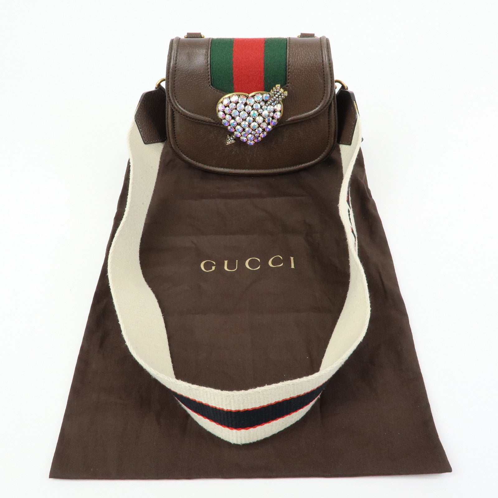 GUCCI Sherry Leather Shoulder Bag Totem Crystal Heart Brown 500756