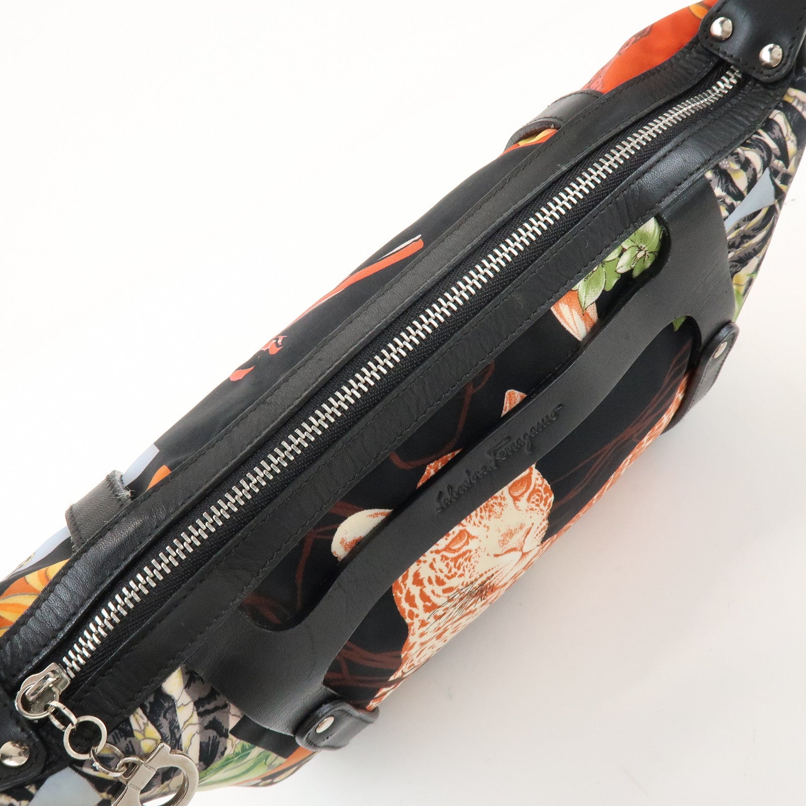 Ferragamo Nylon Leather Shoulder Bag Black Multicolor Animal