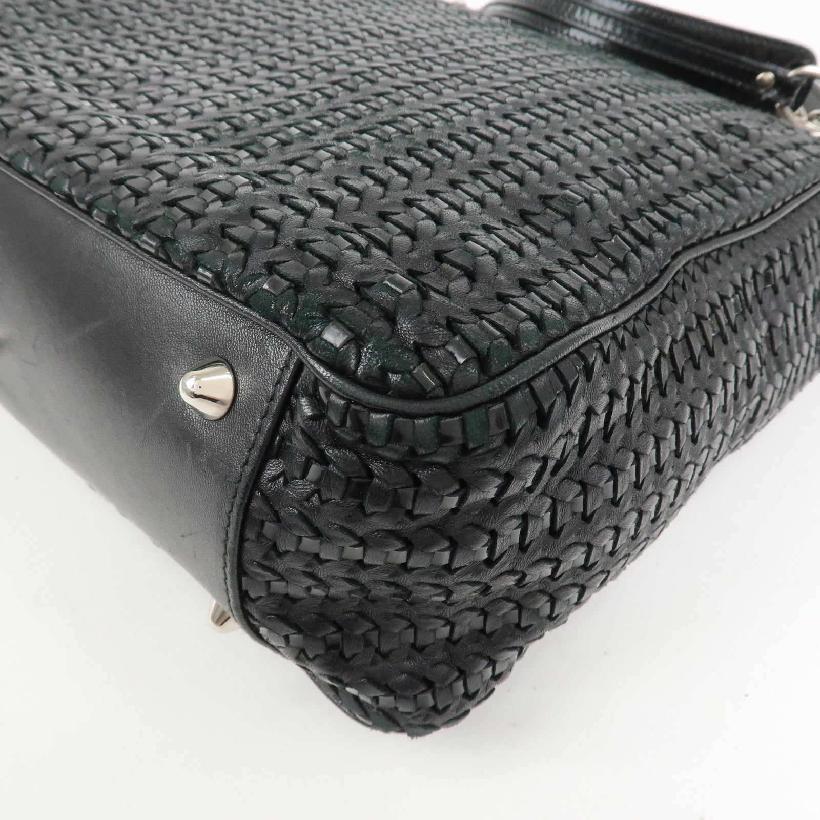 Christian Dior Woven Leather Logo Charm Chain Tote Bag Black