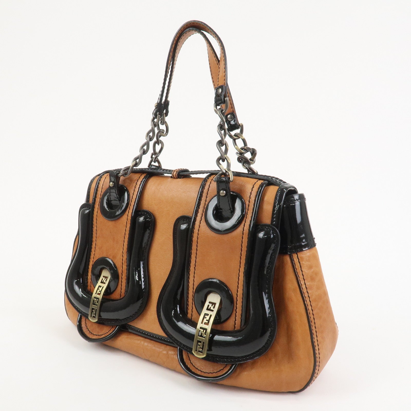 FENDI Patent Leather Shoulder Bag Hand Bag Brown Black 8BN165