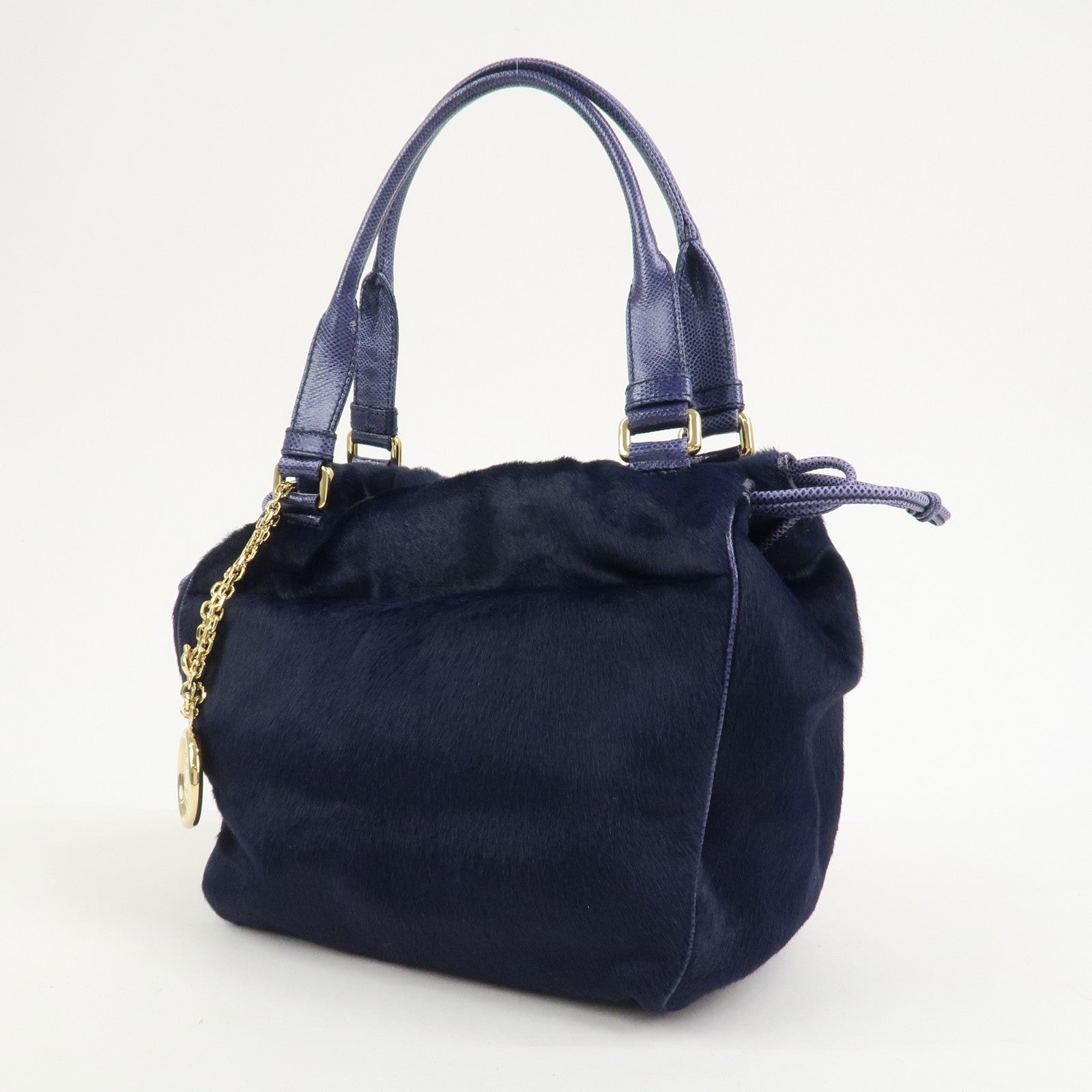 LOEWE Logo Unborn Calf Leather Hand Bag Charm Shoulder Bag Navy