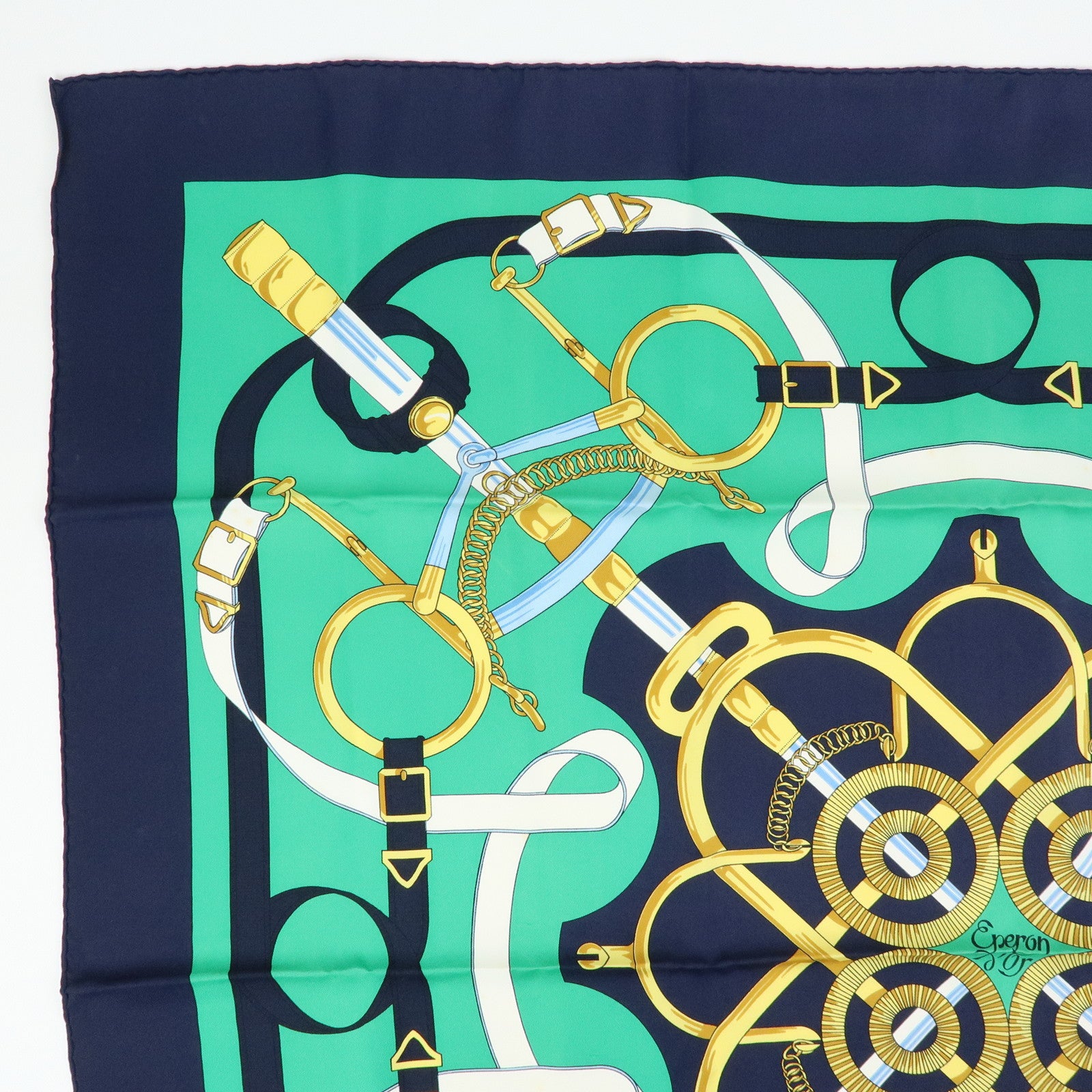 HERMES Carre 90 Silk 100% Scarf  Eperon d'or Navy Green Gold