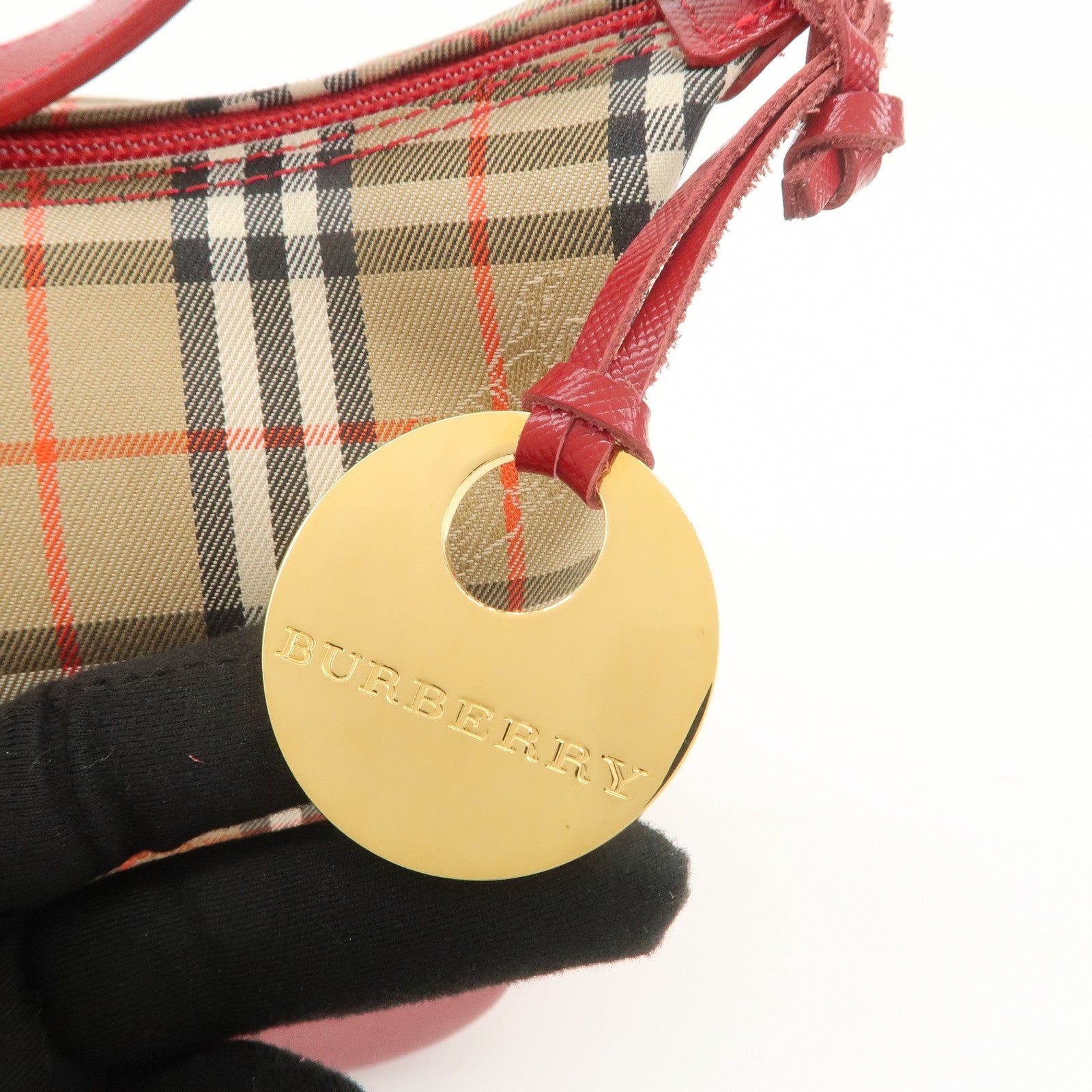 BURBERRY Nova Plaid Canvas Leather Hand Bag Shoulder Bag Beige Red