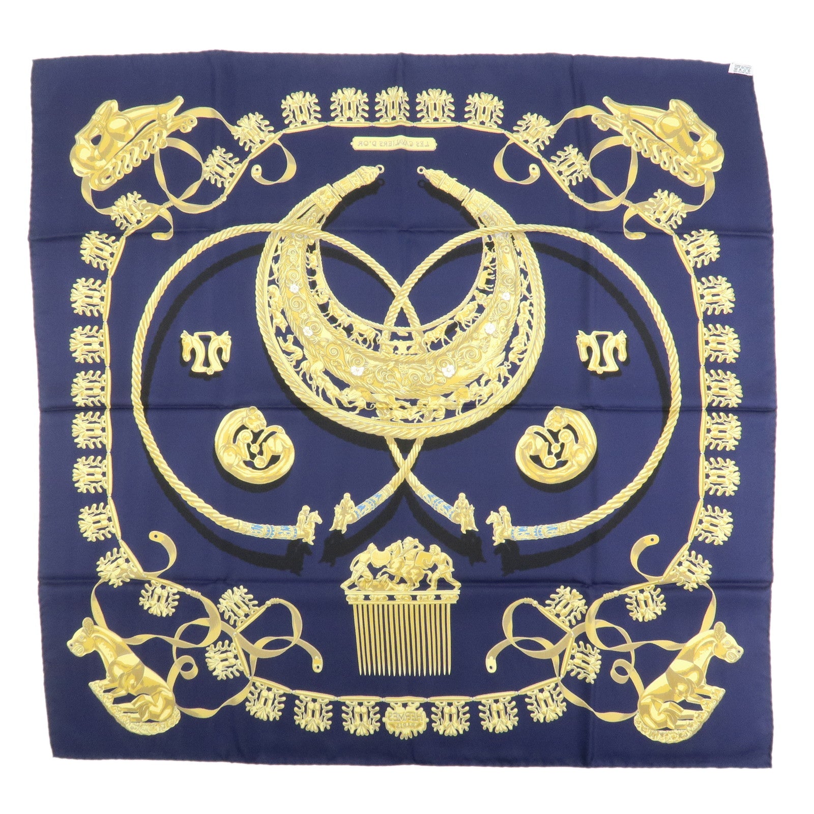 HERMES Carre 90 Silk 100% Scarf LES CAVALIERS D'OR Navy Gold