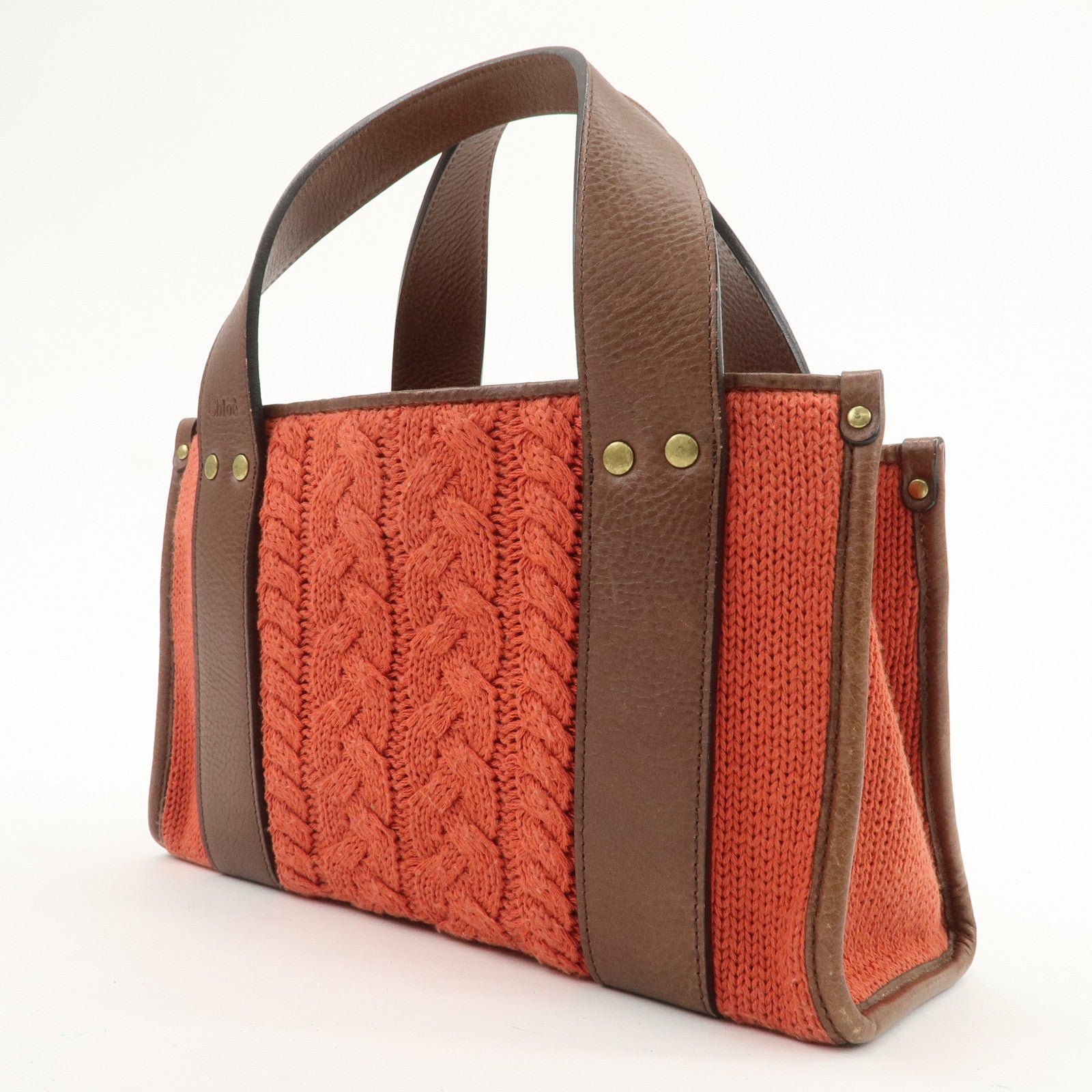 Chloe Knitted Leather Hand Bag Tote Bag Red Brown