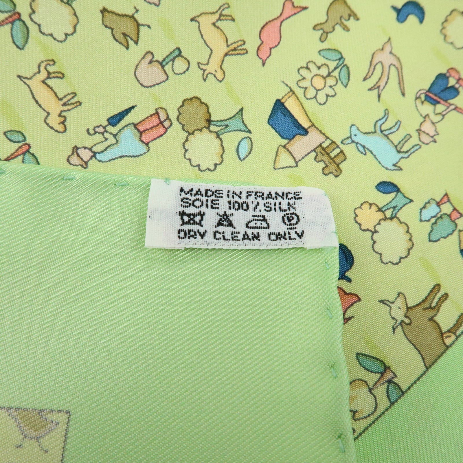 HERMES Petit Carre 40 Silk 100% Mini Scarf Farm Motif Green Yellow