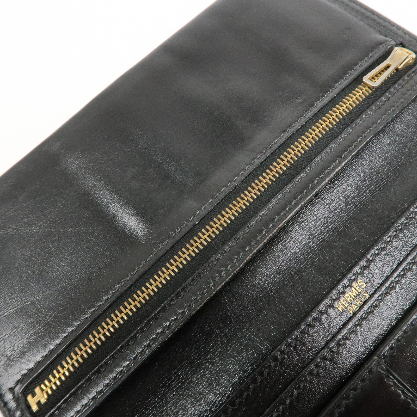 HERMES Box Calf Leather Beant Classic Long Wallet Black