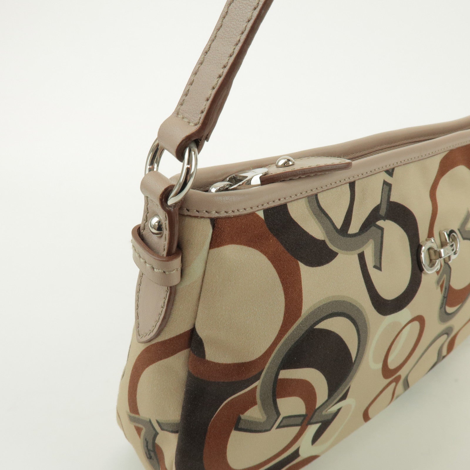 Ferragamo Gancini Nylon Leather Hand Bag Shoulder Bag Beige Brown