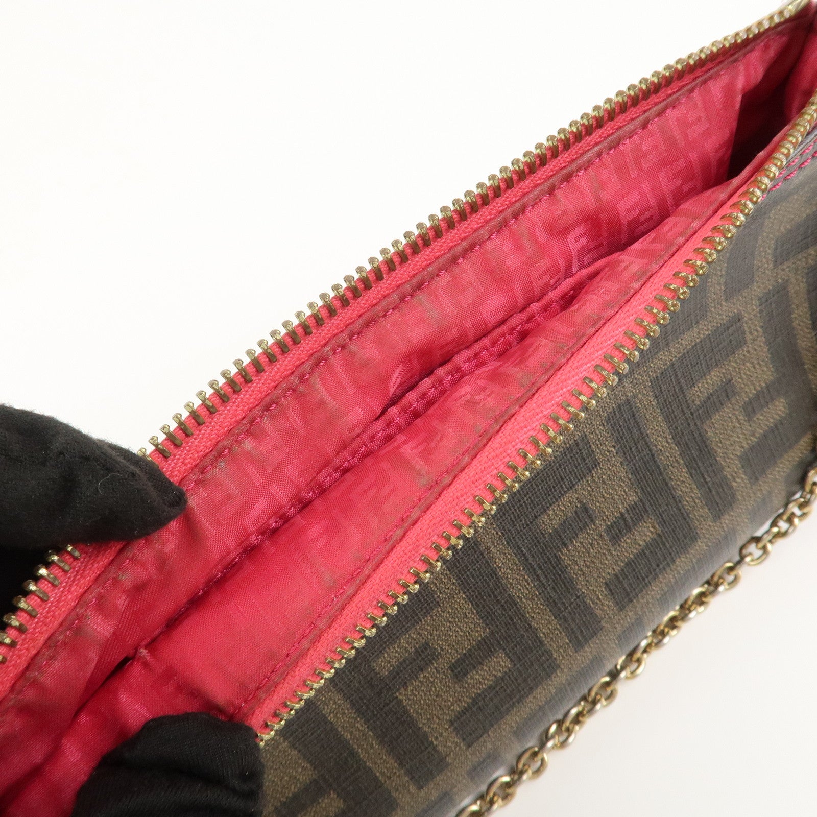 FENDI Zucca PVC Chain Accessory Pouch Hand Bag Brown 8BR592
