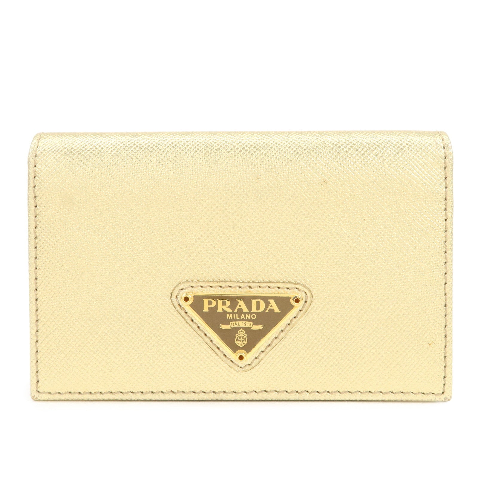 PRADA Triangle Logo Saffiano Leather Card Holder Card Case Gold