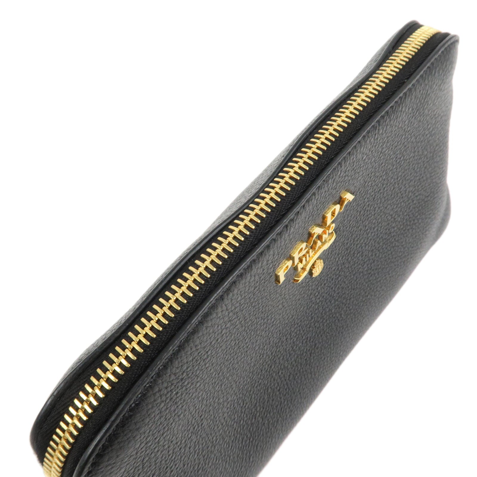 PRADA Logo Vitello Daino Leather Cosmetic Pouch Black 1NA024
