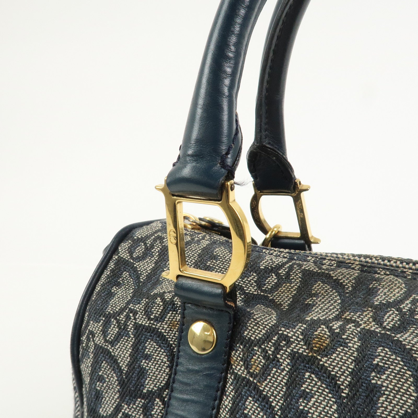 Christian Dior Oblique Canvas Leather Boston Bag Hand Bag Navy