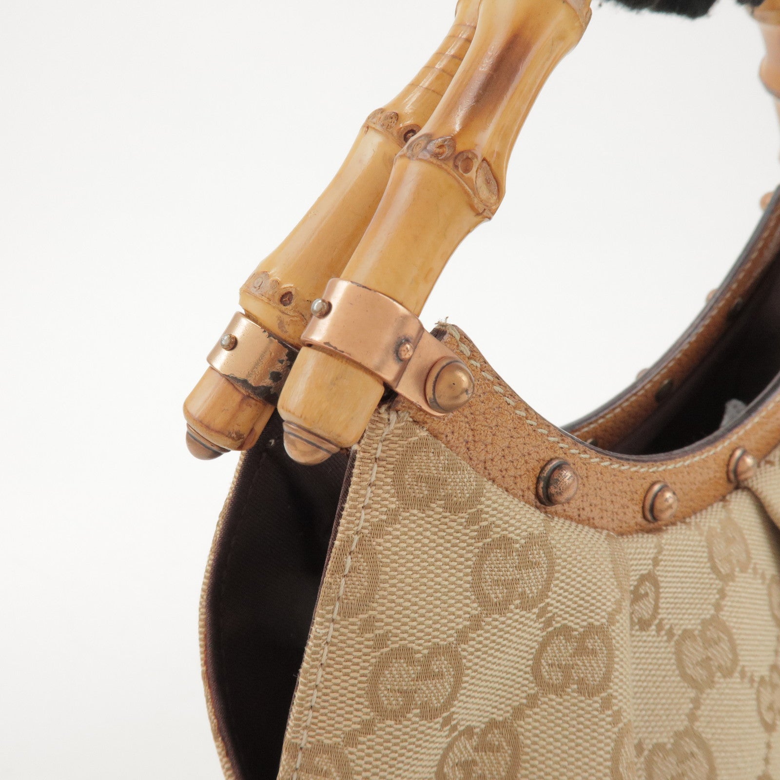 GUCCI Bamboo GG Canvas Leather Hand Bag Beige 124297