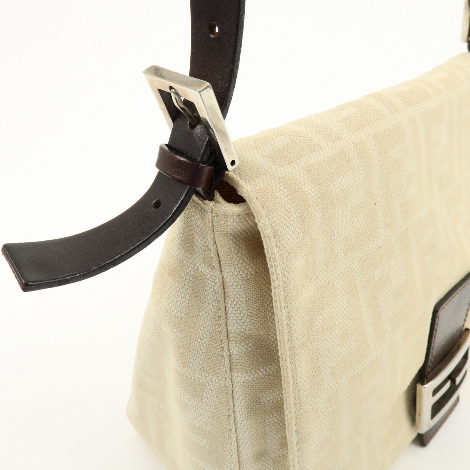 FENDI Mamma Baguette Zucca Canvas Leather Shoulder Bag Ivory 26325