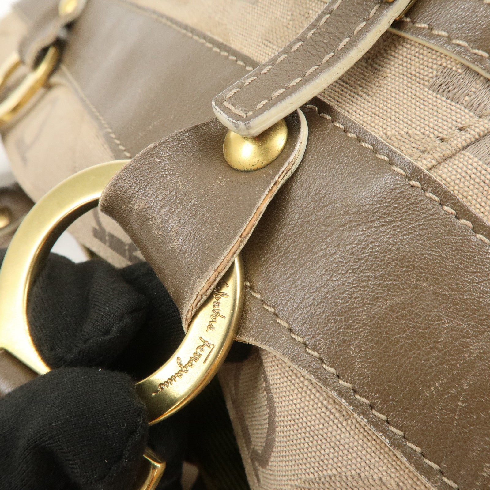 Ferragamo Gancini Canvas Leather Shoulder Bag Tote Bag Brown