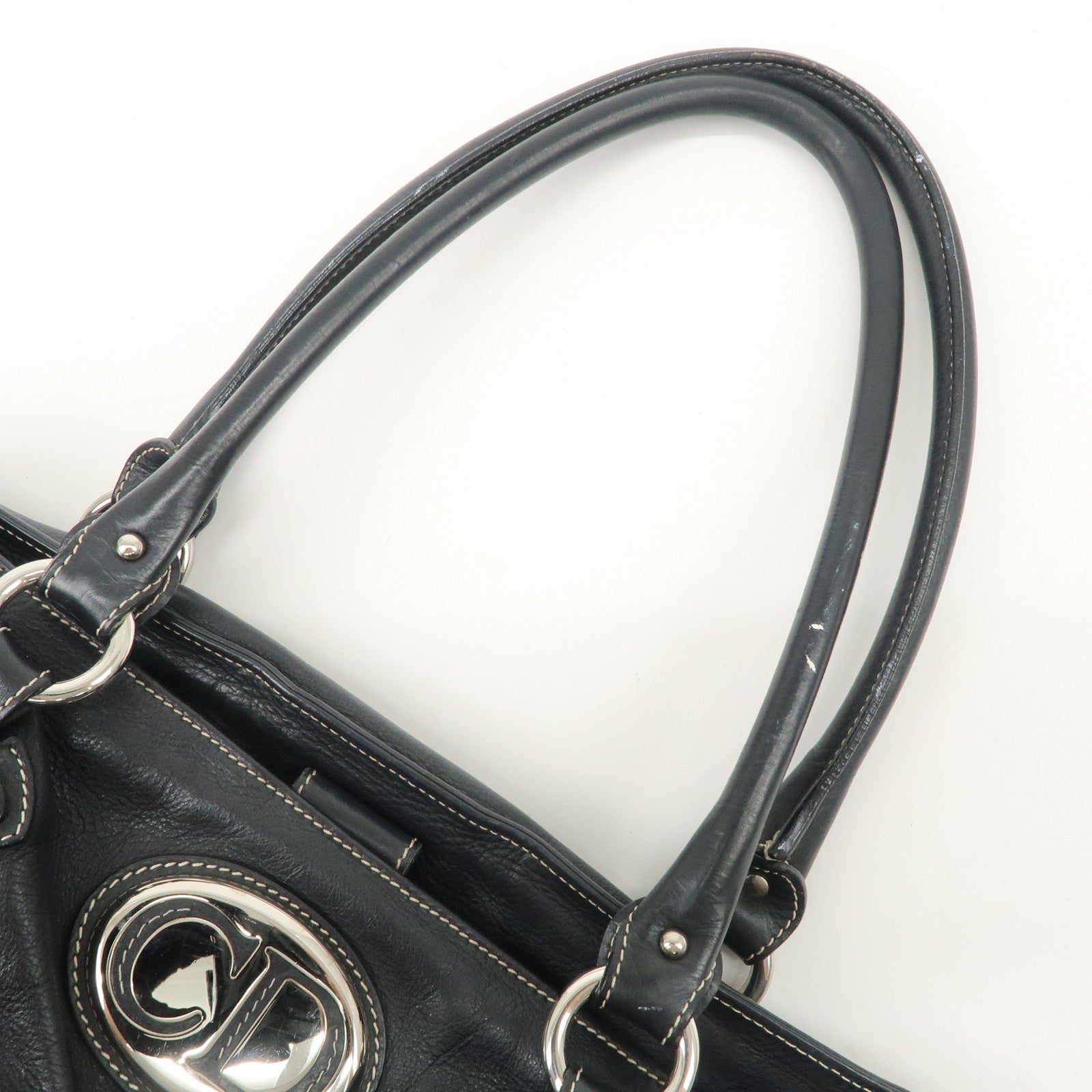 Christian Dior Leather Shoulder Bag Hand Bag Black Silver HDW