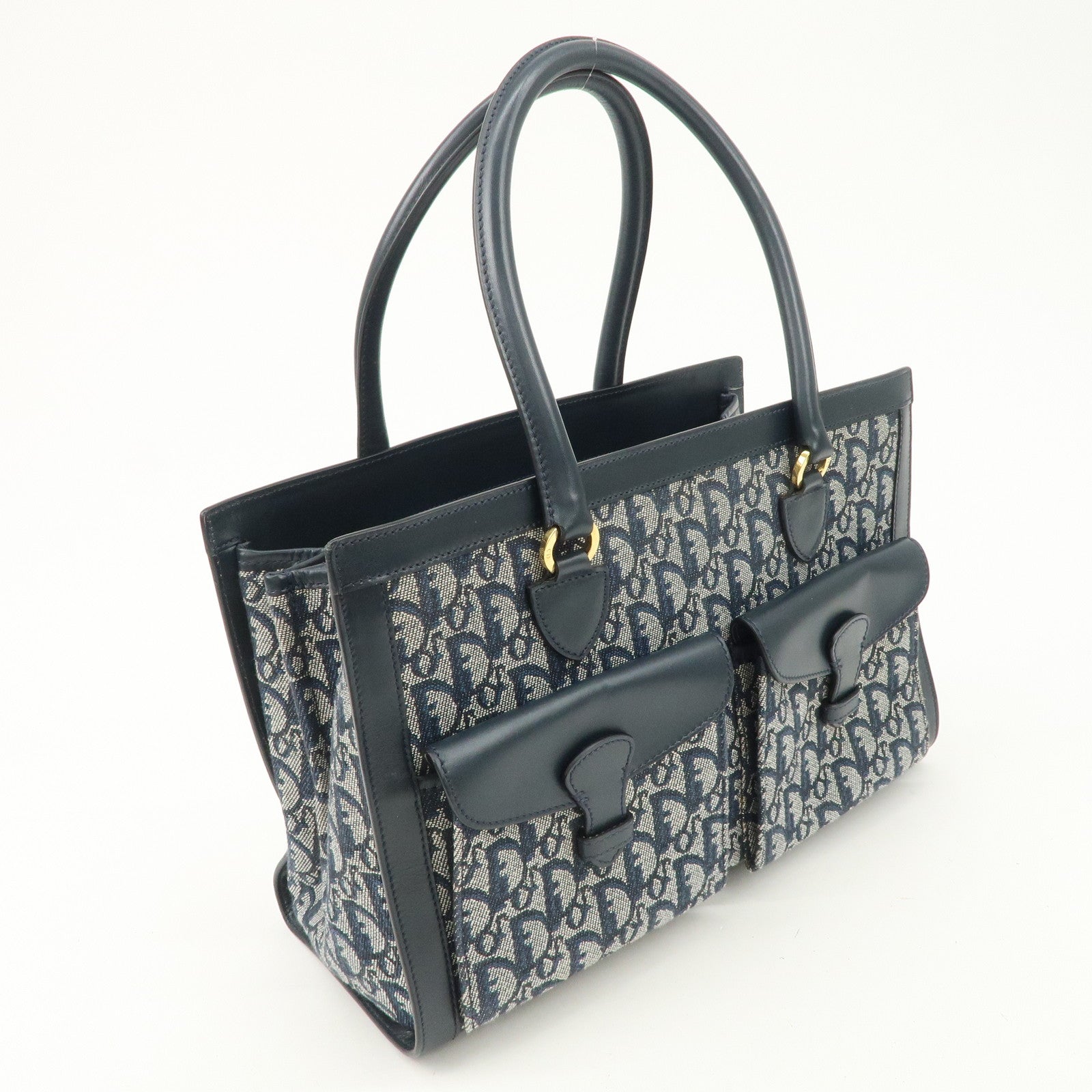 Christian Dior Trotter Canvas Leather Tote Bag Hand Bag Navy Used