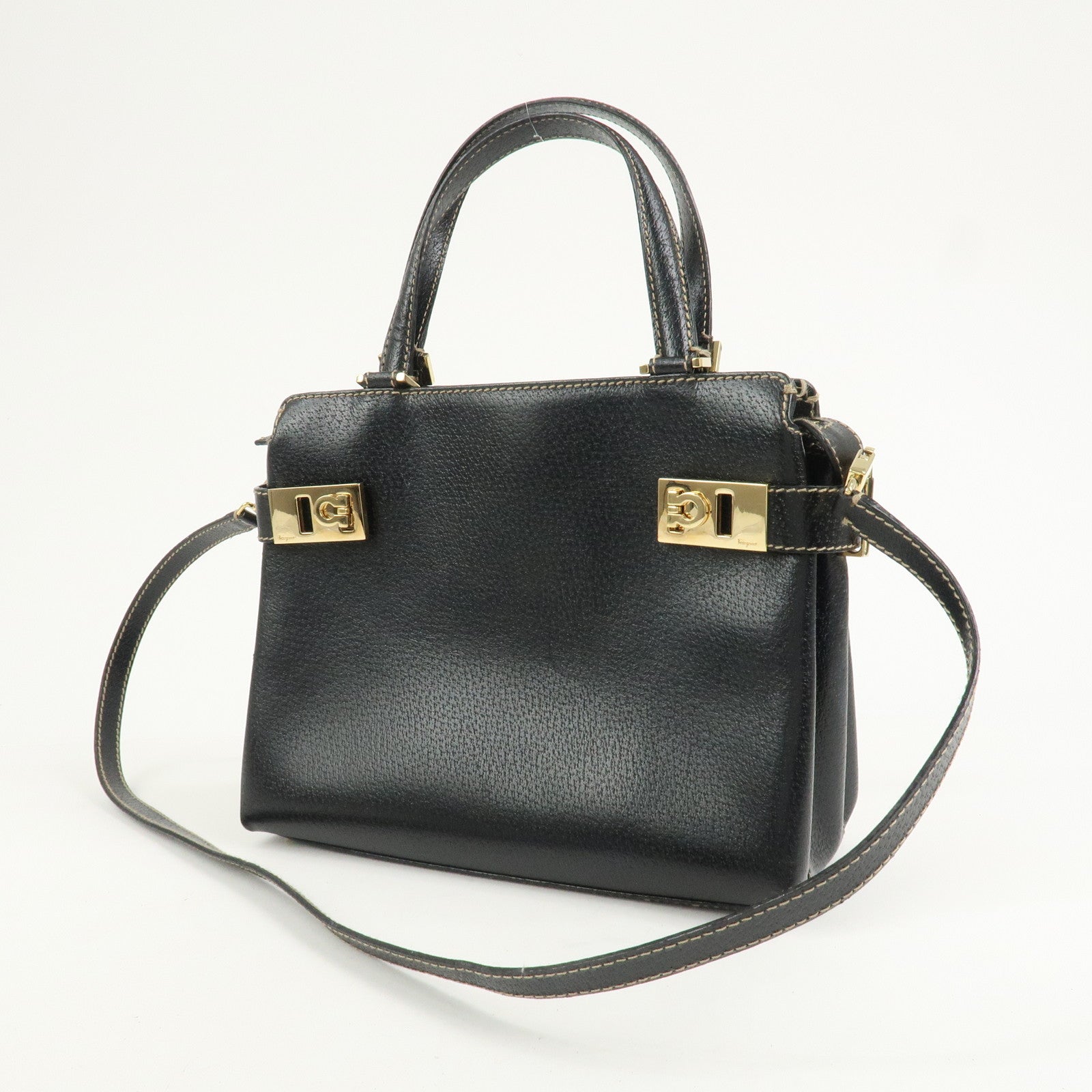 Ferragamo Gancini Leather 2 Way Bag Hand Bag Shoulder Bag Black