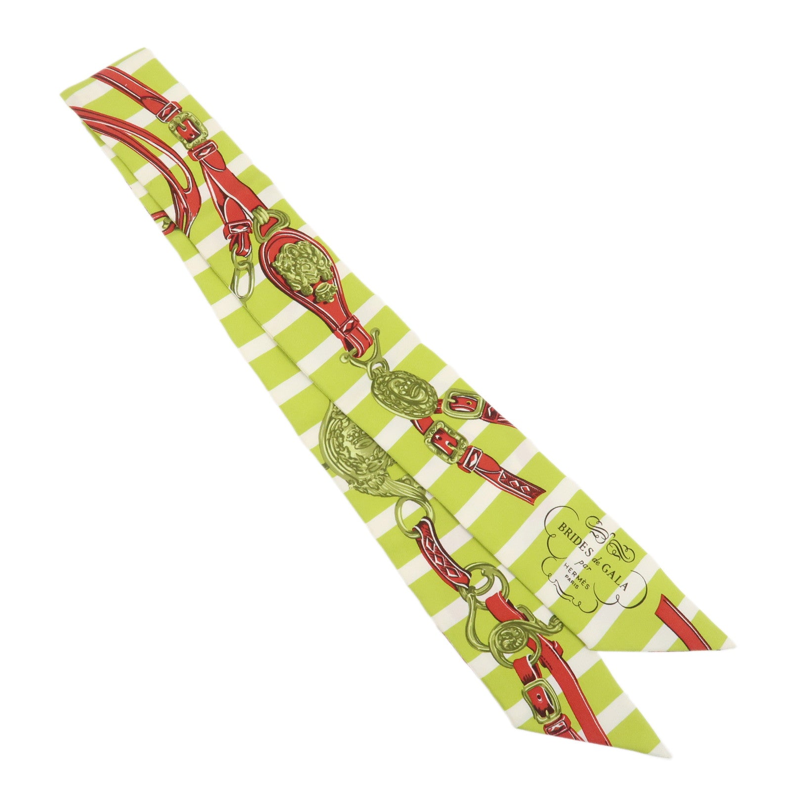 HERMES Twilly Silk 100% Scarf BRIDES de GALA Light Green Red