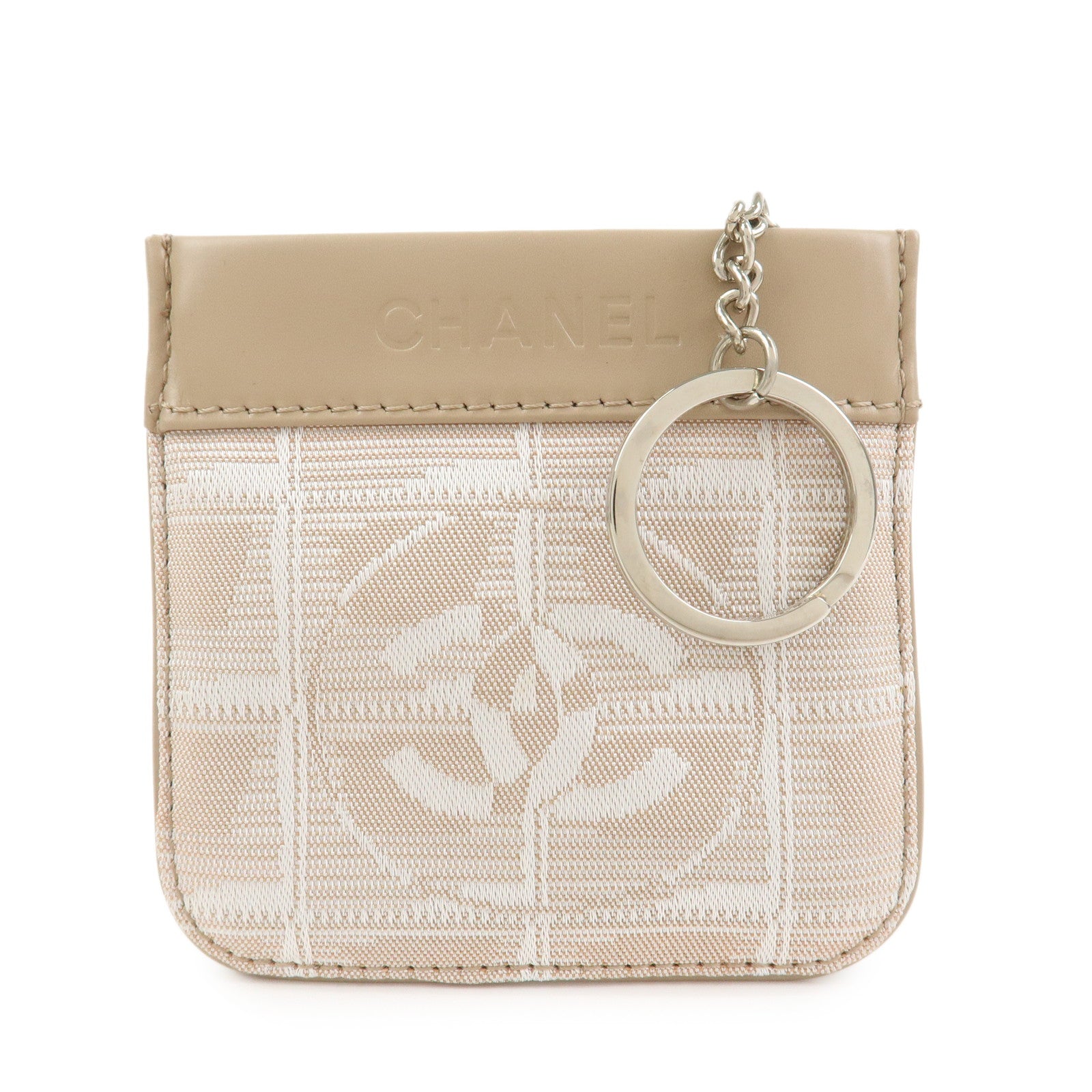 CHANEL New Travel Line Nylon Jacquard Leather Coin Case Greige