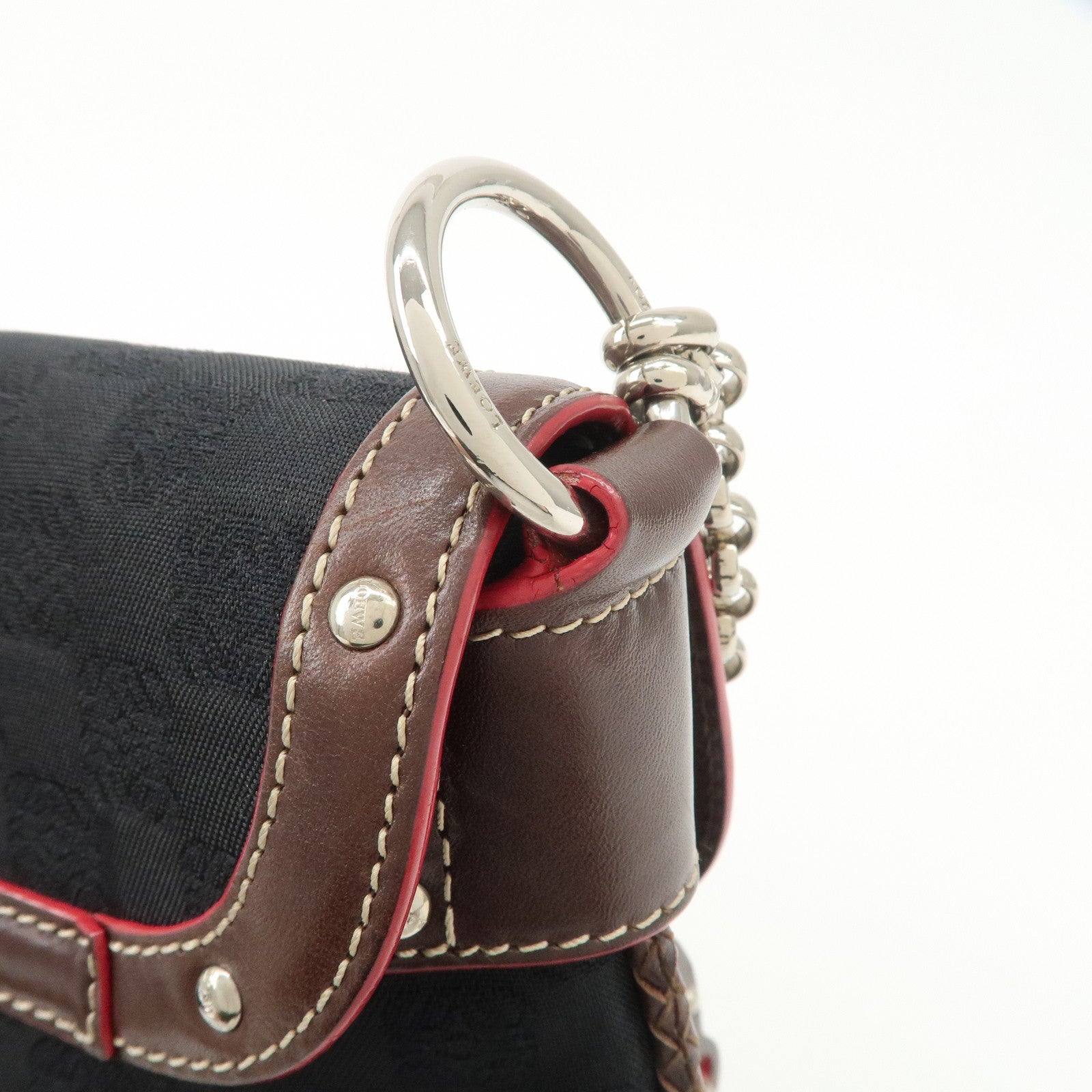 LOEWE Anagram Leather Canvas Chain Shoulder Bag Black Brown