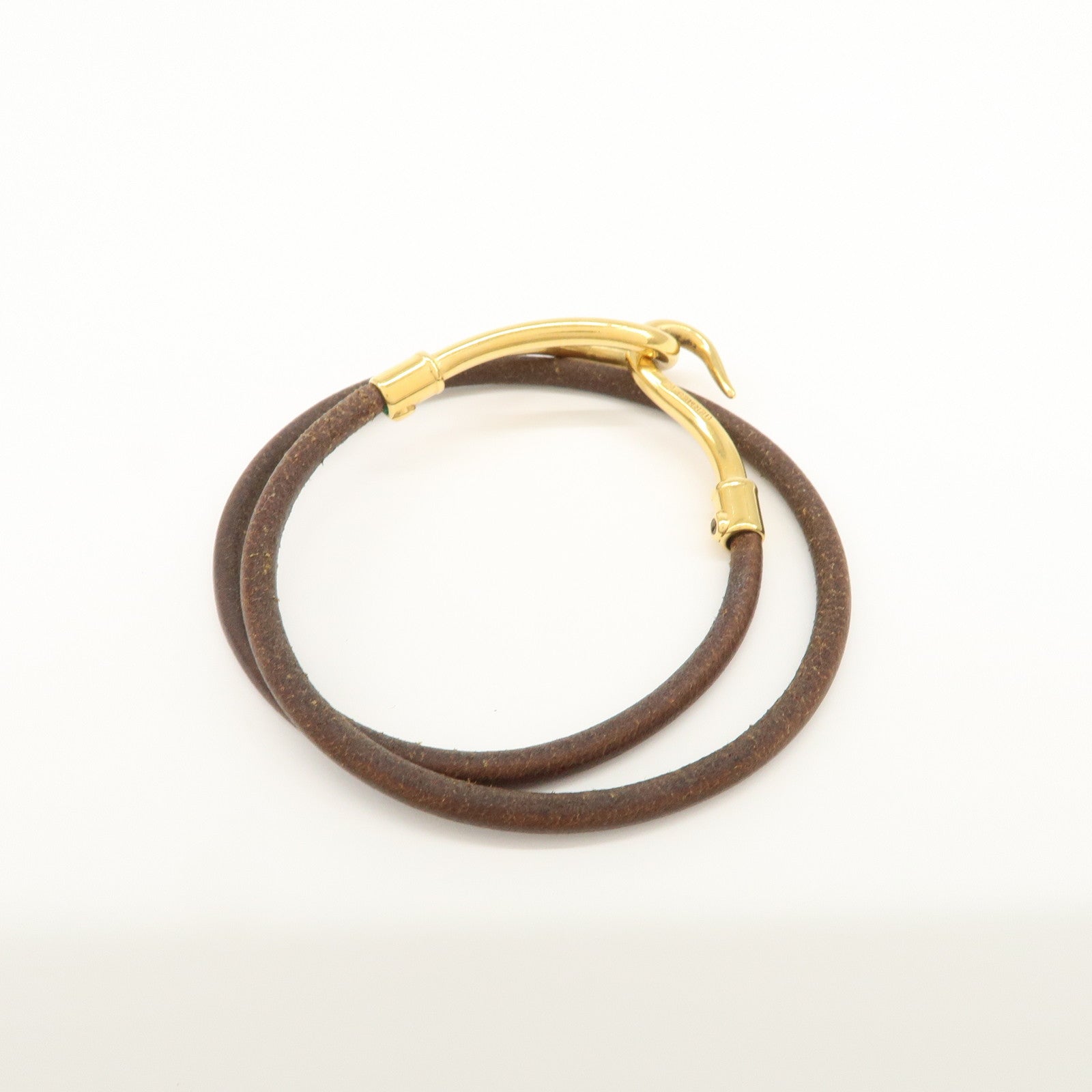 HERMES Logo Leather Metal Jumbo Choker Bracelet Brown