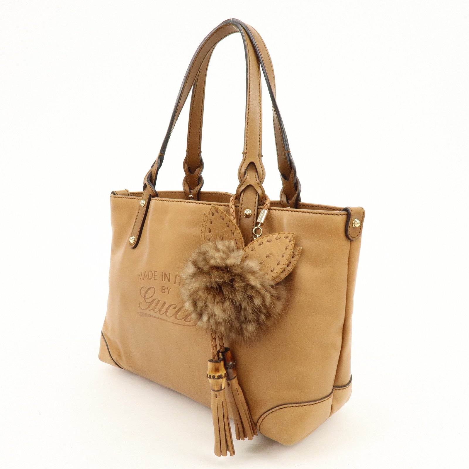 GUCCI Script Logo Leather Fur Tote Bag Fur Pouch Brown 269878