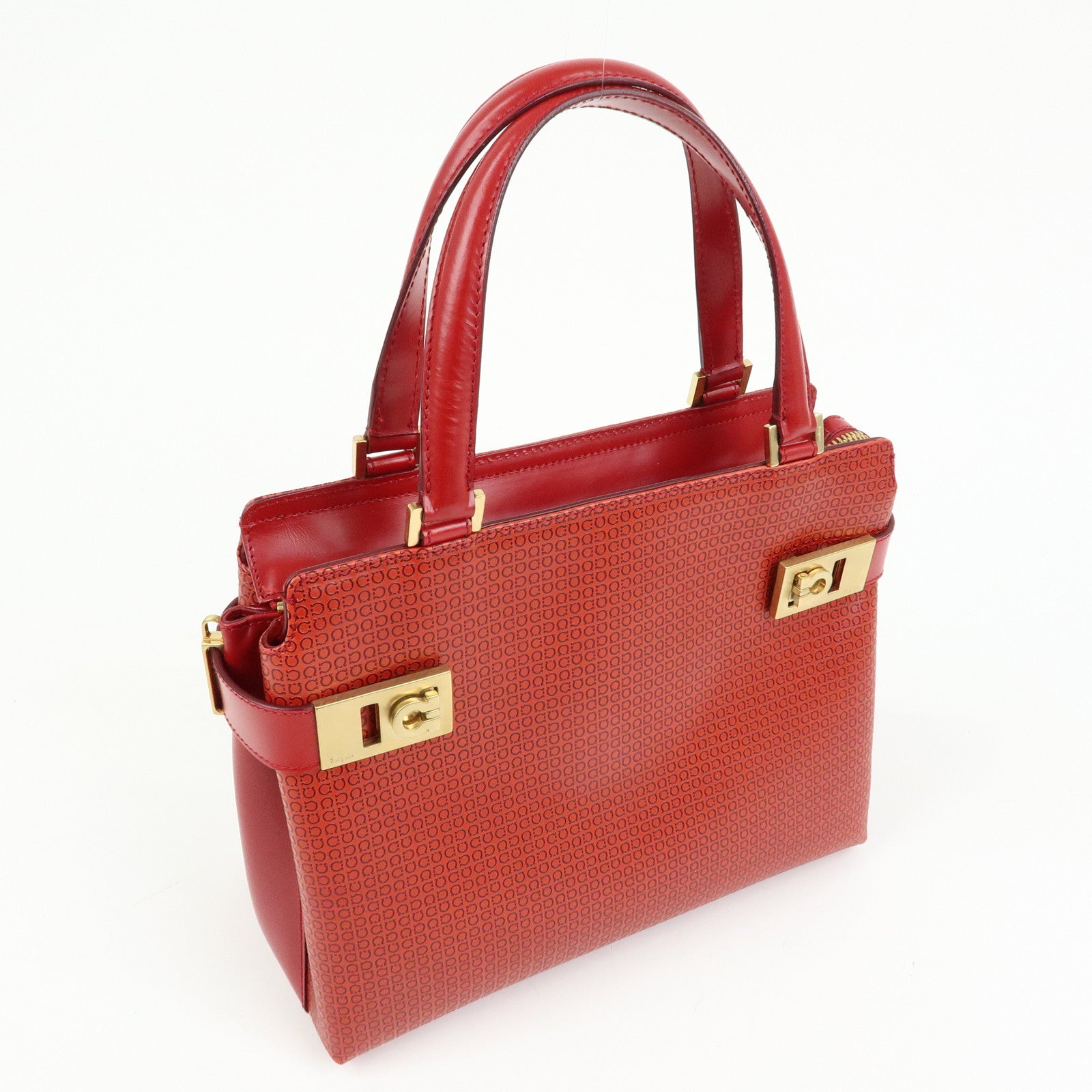 Ferragamo Gancini Side Belt Leather Hand Bag Tote Bag Red