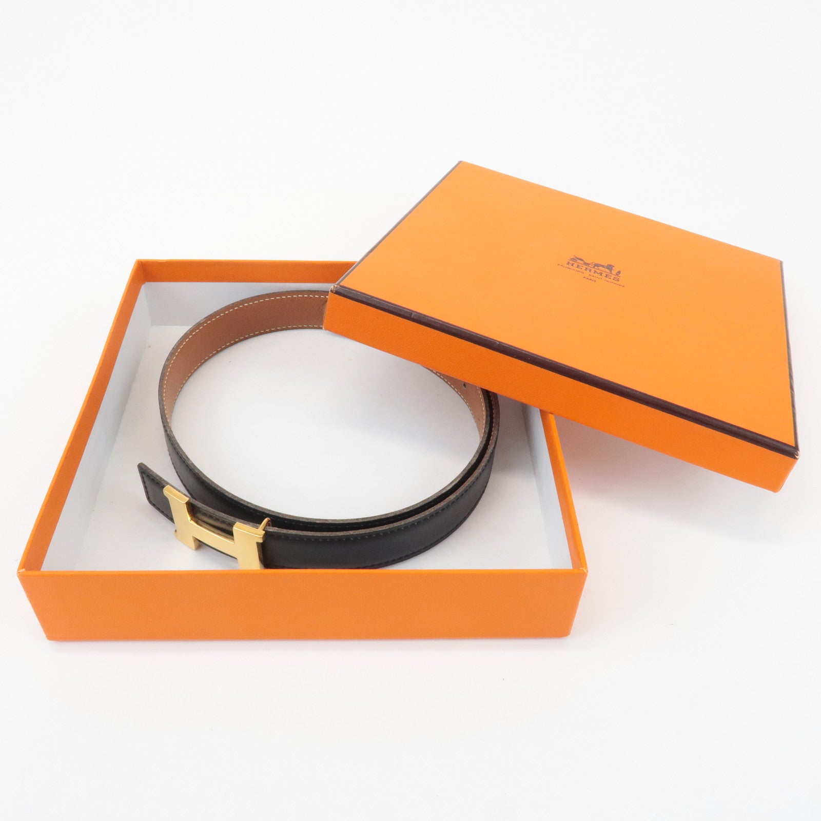 HERMES Cushvel Leather H Buckle Constance Belt H Stamped Black Gold Used