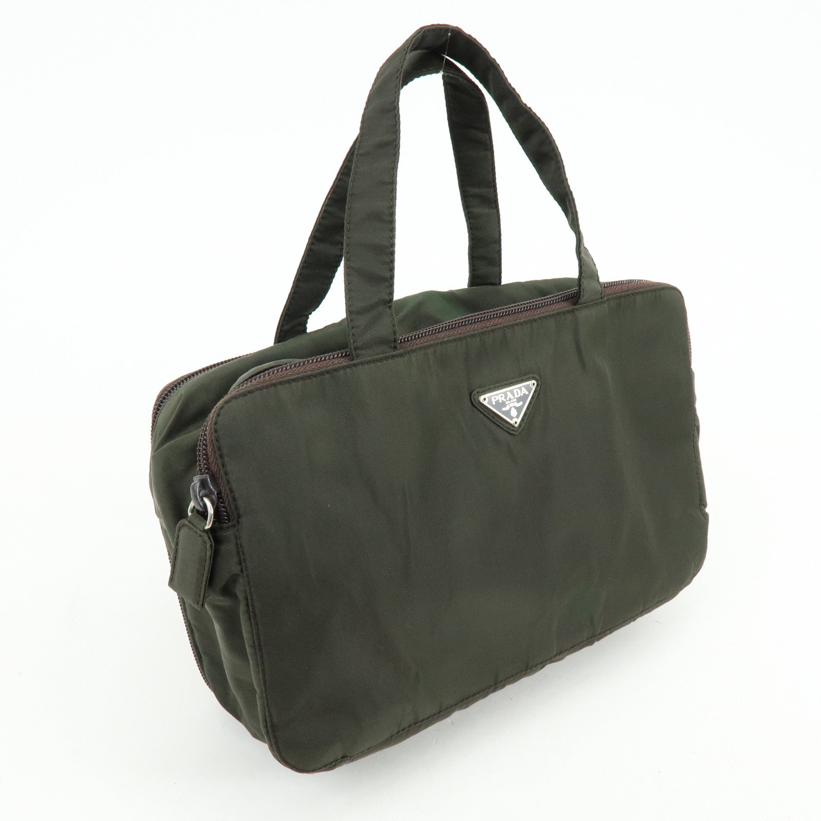 PRADA Triangle Logo Nylon Leather Hand Bag Cosmetic Case Khaki