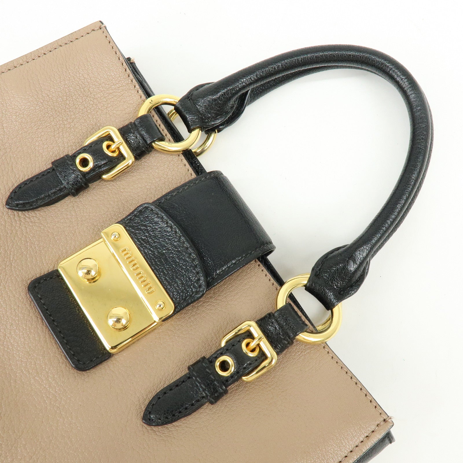 MIU MIU Madras Leather 2Way Hand Bag Bi-color Beige Black RN0799