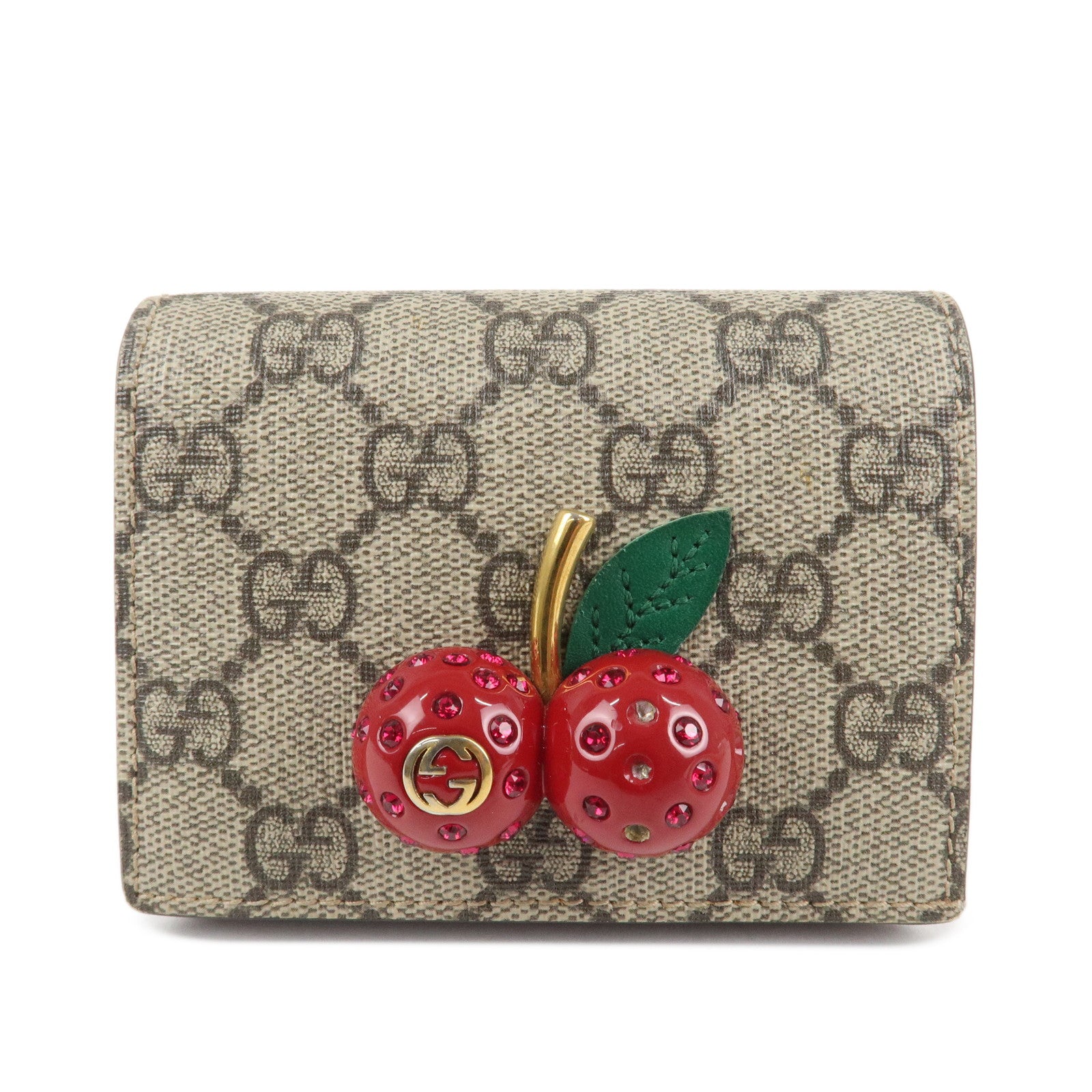 GUCCI Interlocking G GG Supreme Cherry Compact Wallet Beige 476050 Used