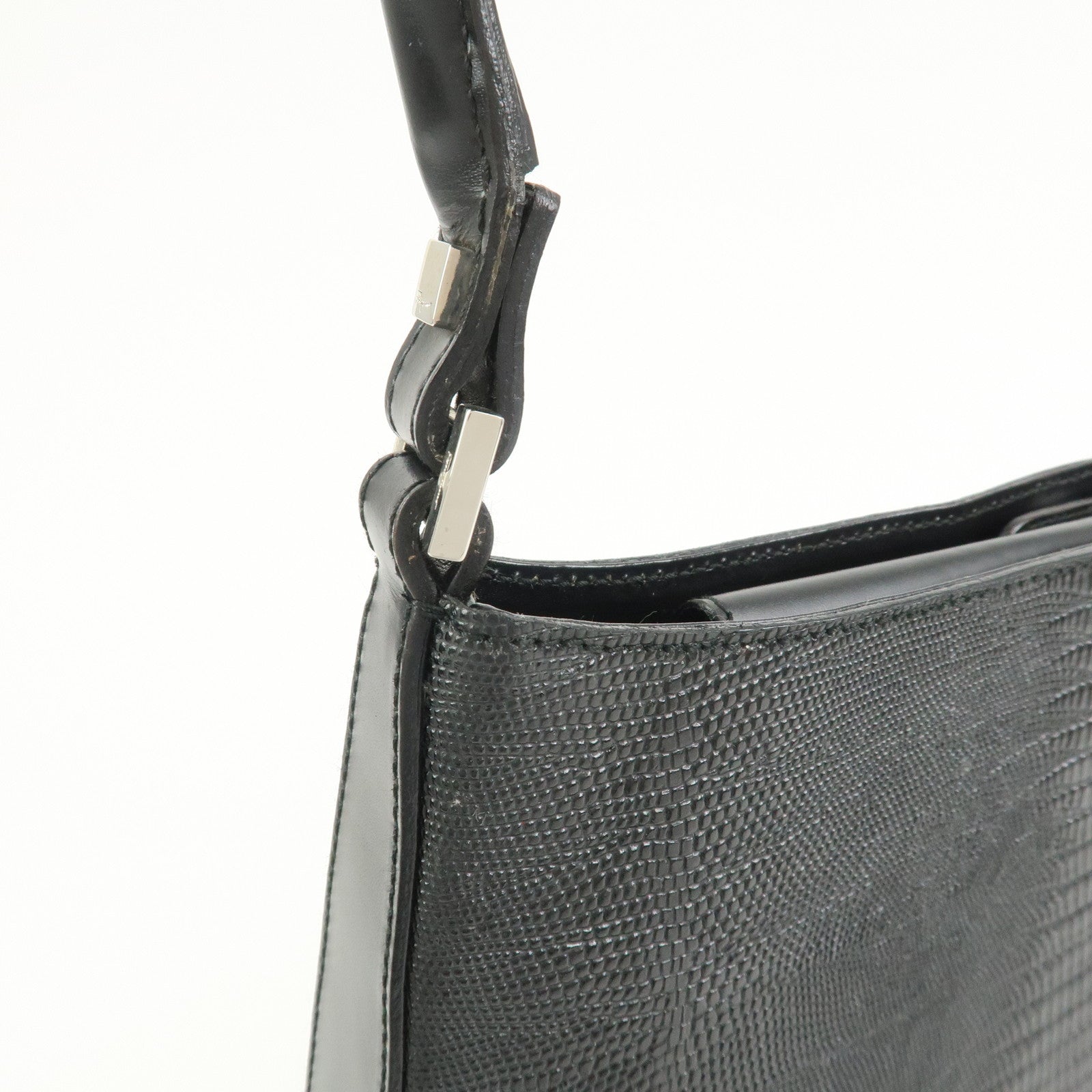 Ferragamo Embossed Leather Shoulder Bag Hand Bag Black