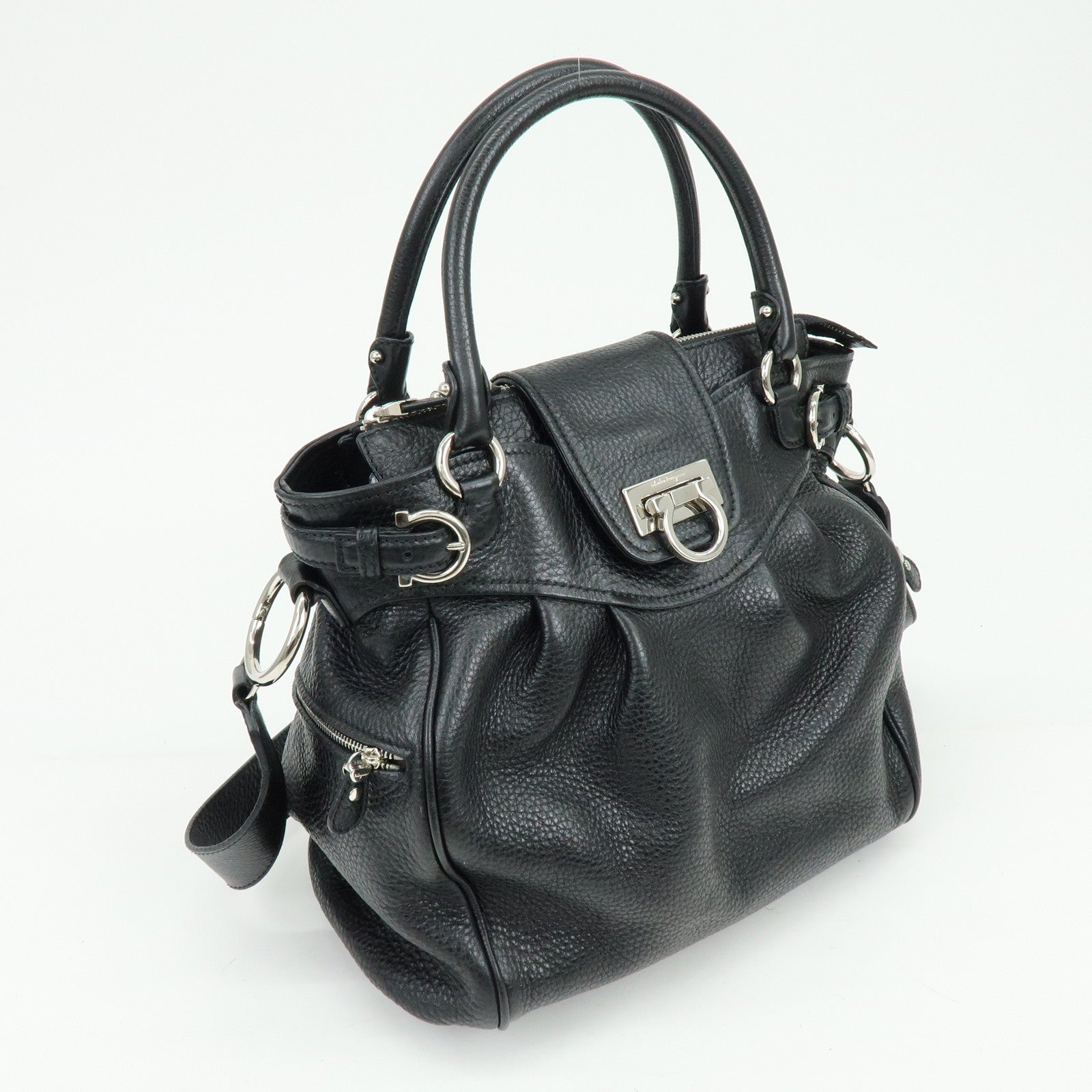 Ferragamo Gancini Leather 2Way Bag Hand Bag Shoulder Bag Black