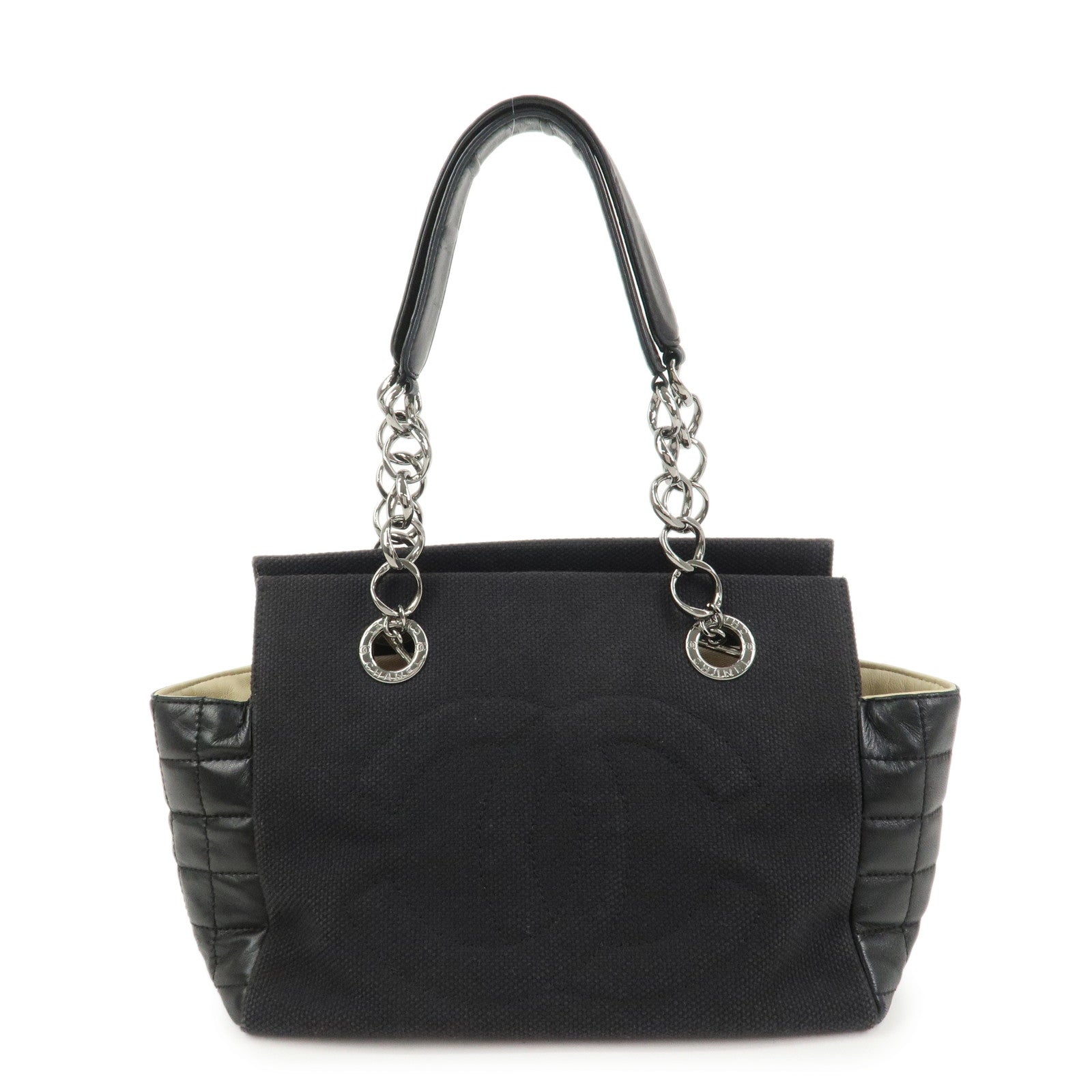 CHANEL Chocolate Bar Lamb Skin Canvas Shoulder Bag Hand Bag Black