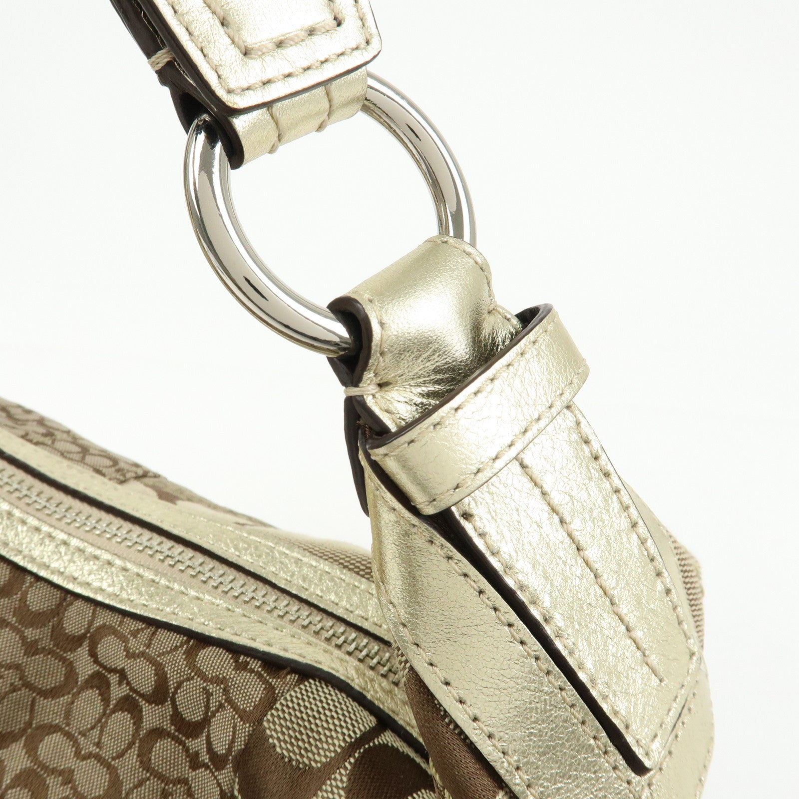 COACH Signature Patchwork Canvas Leather Shoulder Bag Beige Gold