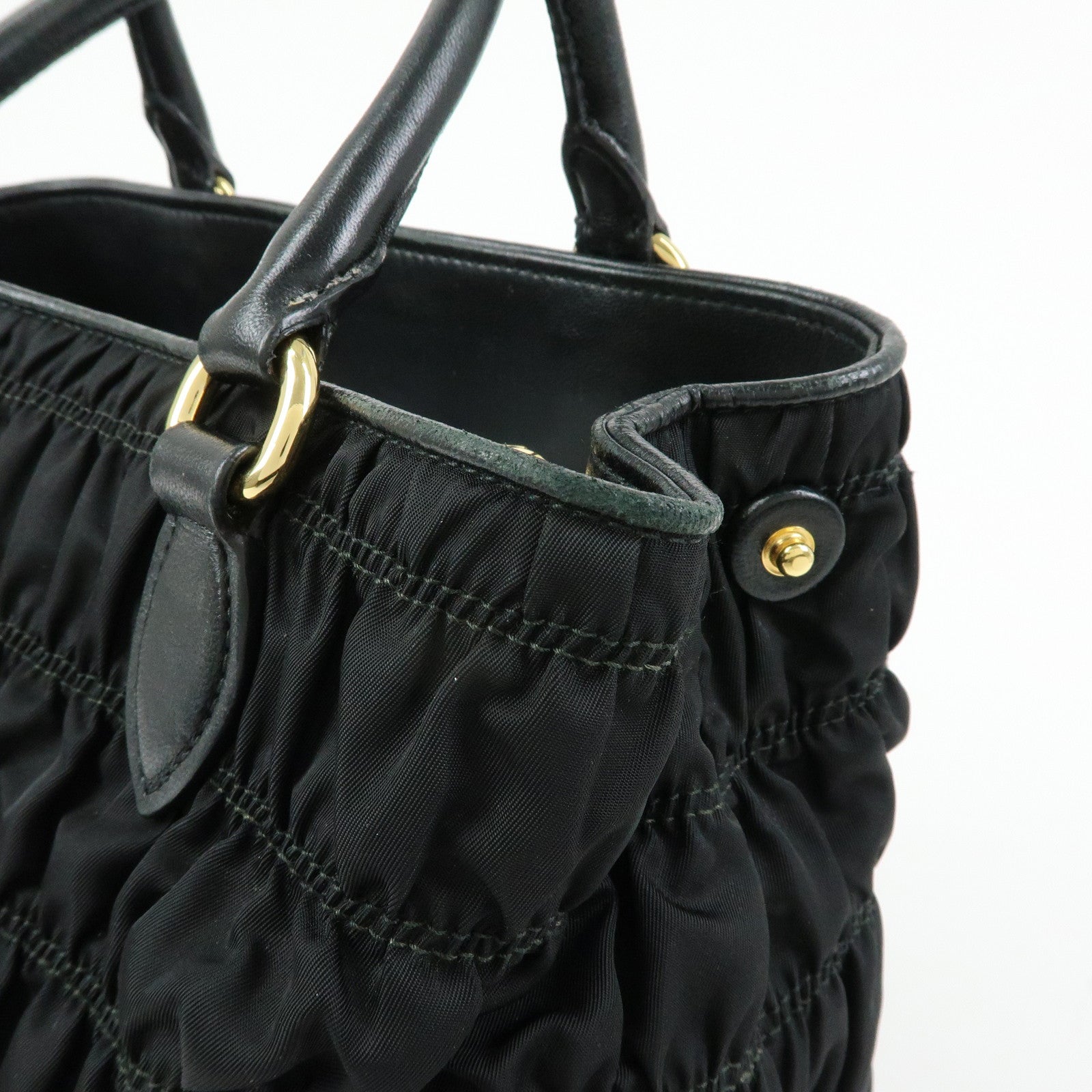PRADA Nylon Leather Gathered Tote Bag Hand Bag Black