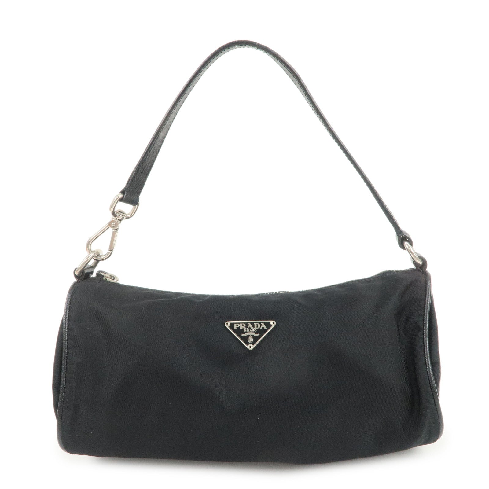 PRADA Triangle Logo Nylon Saffiano Leather Hand Bag Black