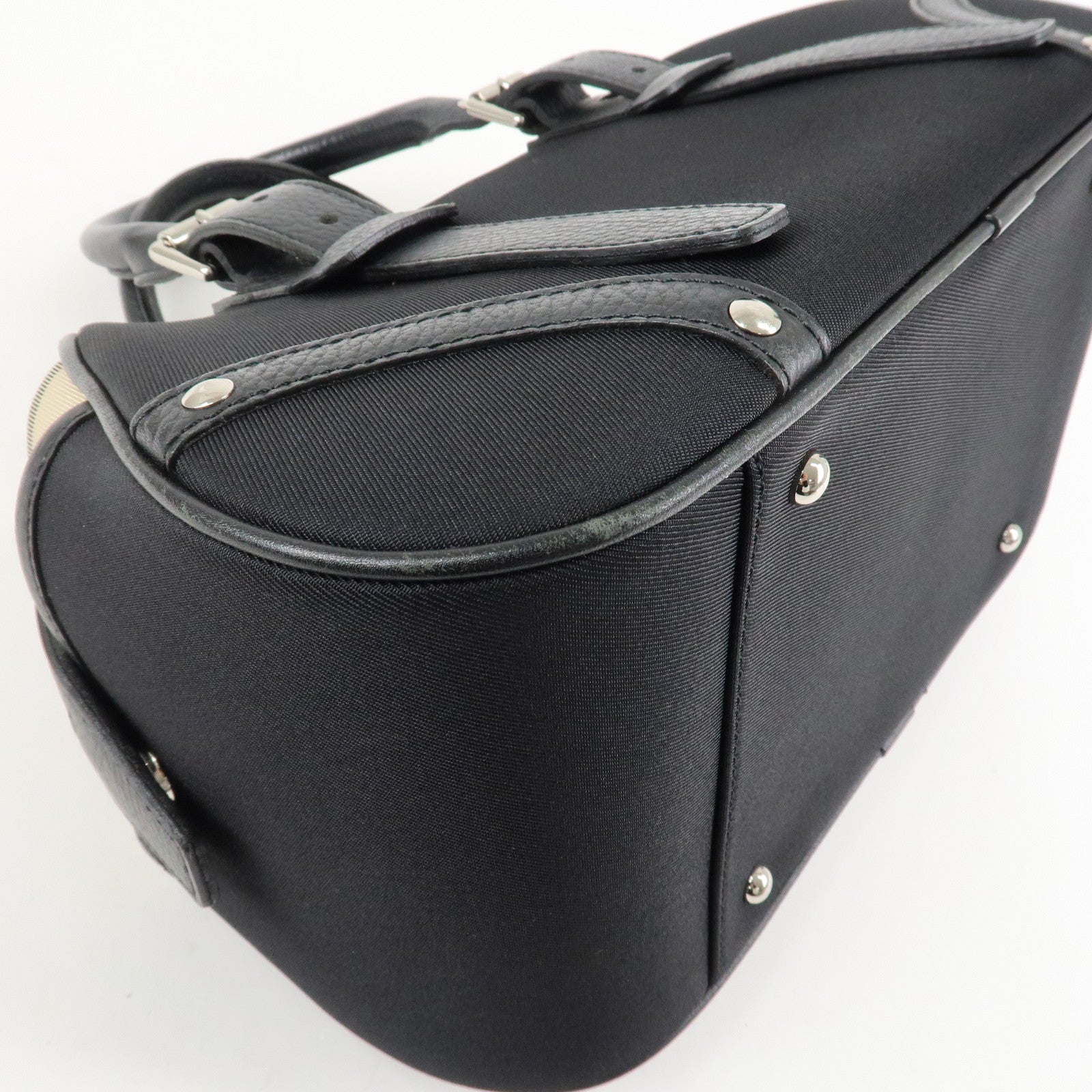 BURBERRY Canvas Leather Nova Plaid Boston Bag Black Beige Used