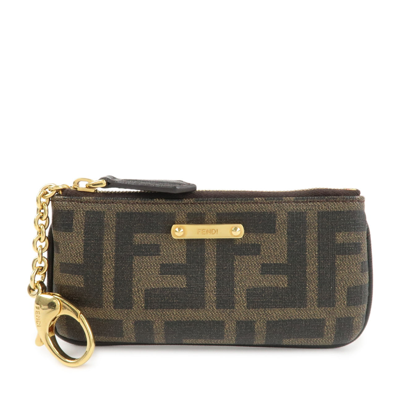 FENDI Zucca Leather PVC Coin Case Key Chain Black Brown 8AP005 Used