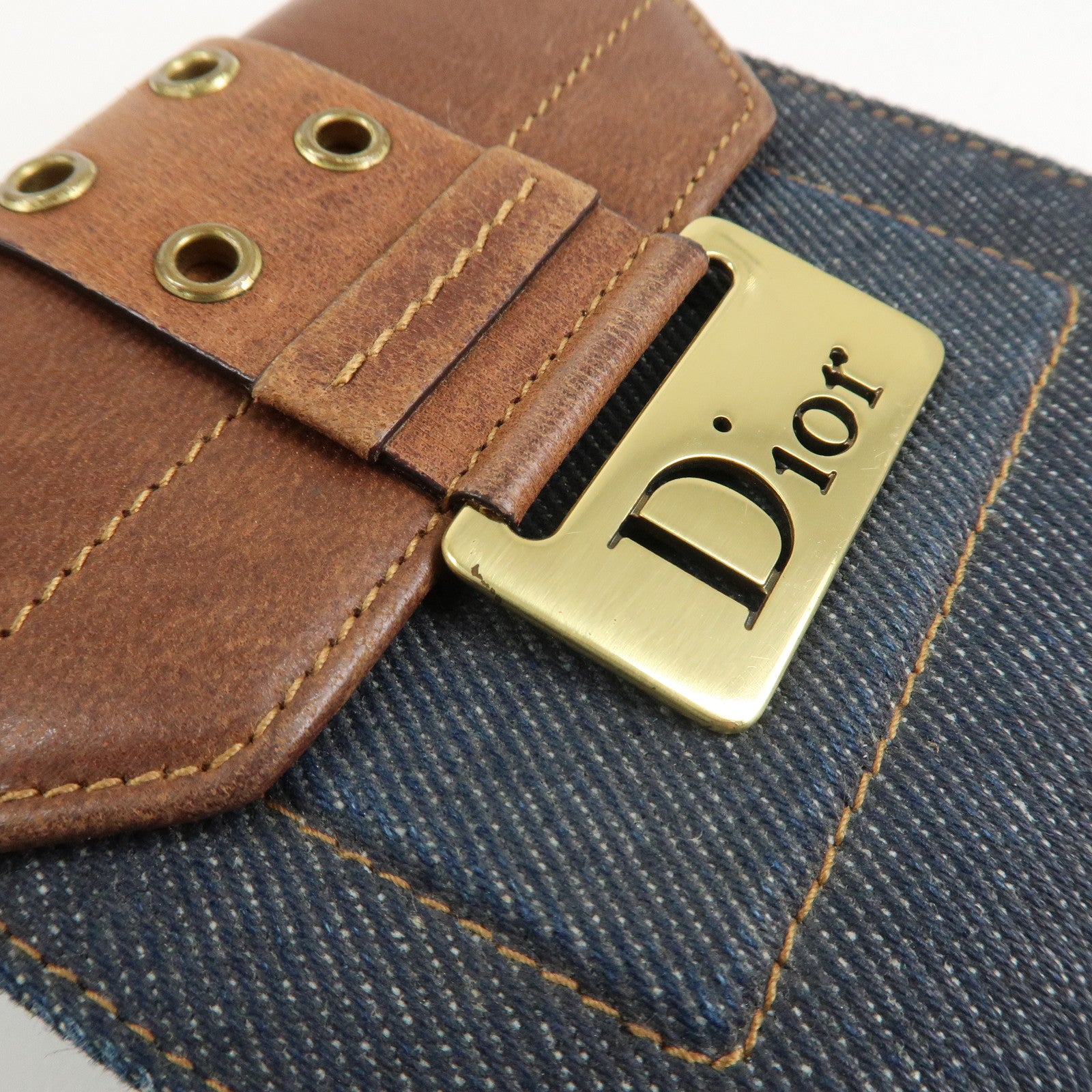 Christian Dior Leather Denim Bi-fold Compact Wallet 46BM-0024 Used