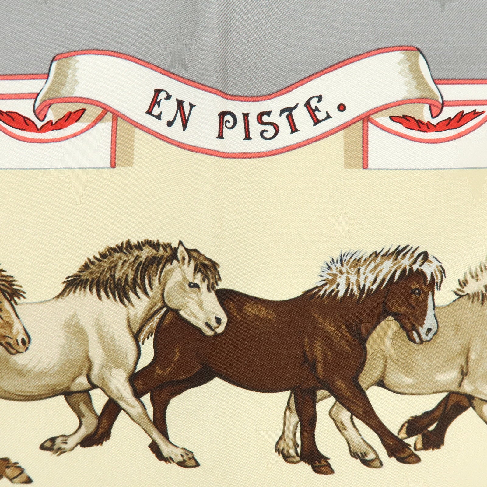 HERMES Carre 90 Silk 100% Scarf EN PISTE Horse Print Beige Gray
