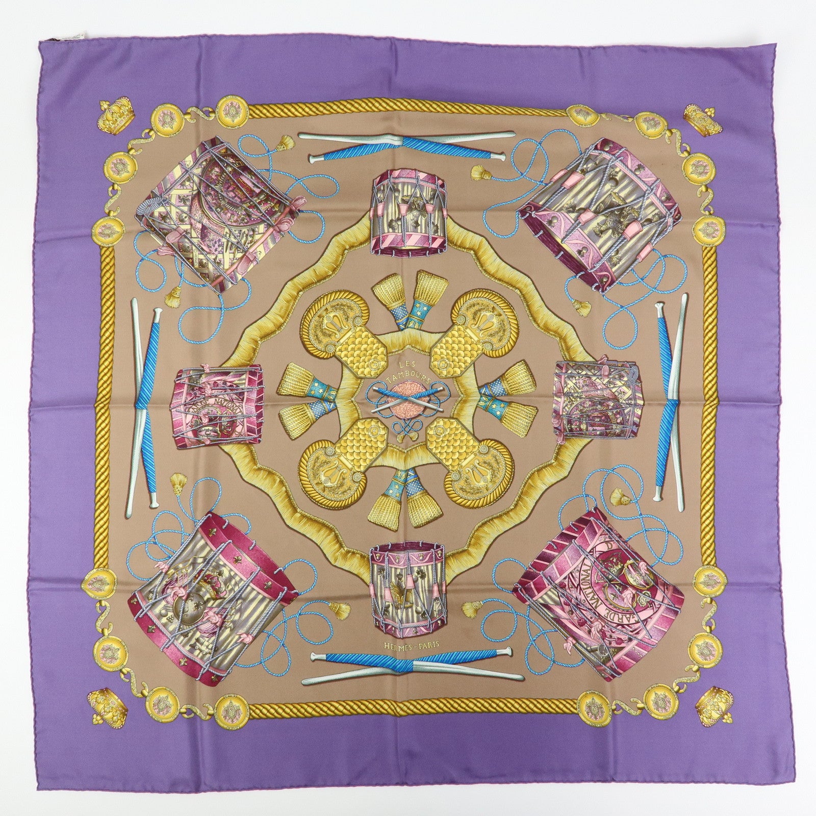 HERMES Carre 45 Silk 100% Scarf LES TAMBOURS Purple Pink Beige