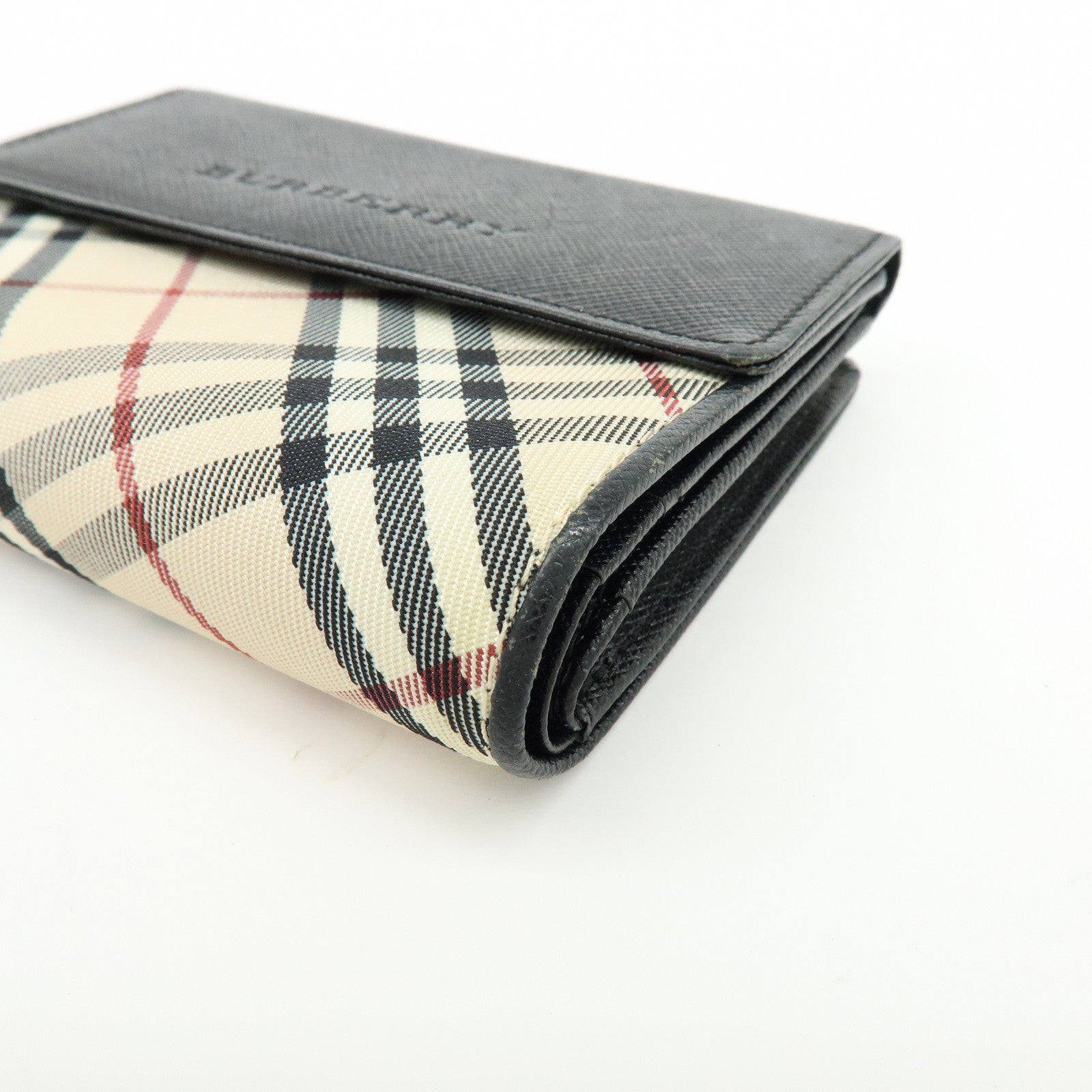 BURBERRY Nova Plaid Canvas Leather Compact Wallet Black Beige