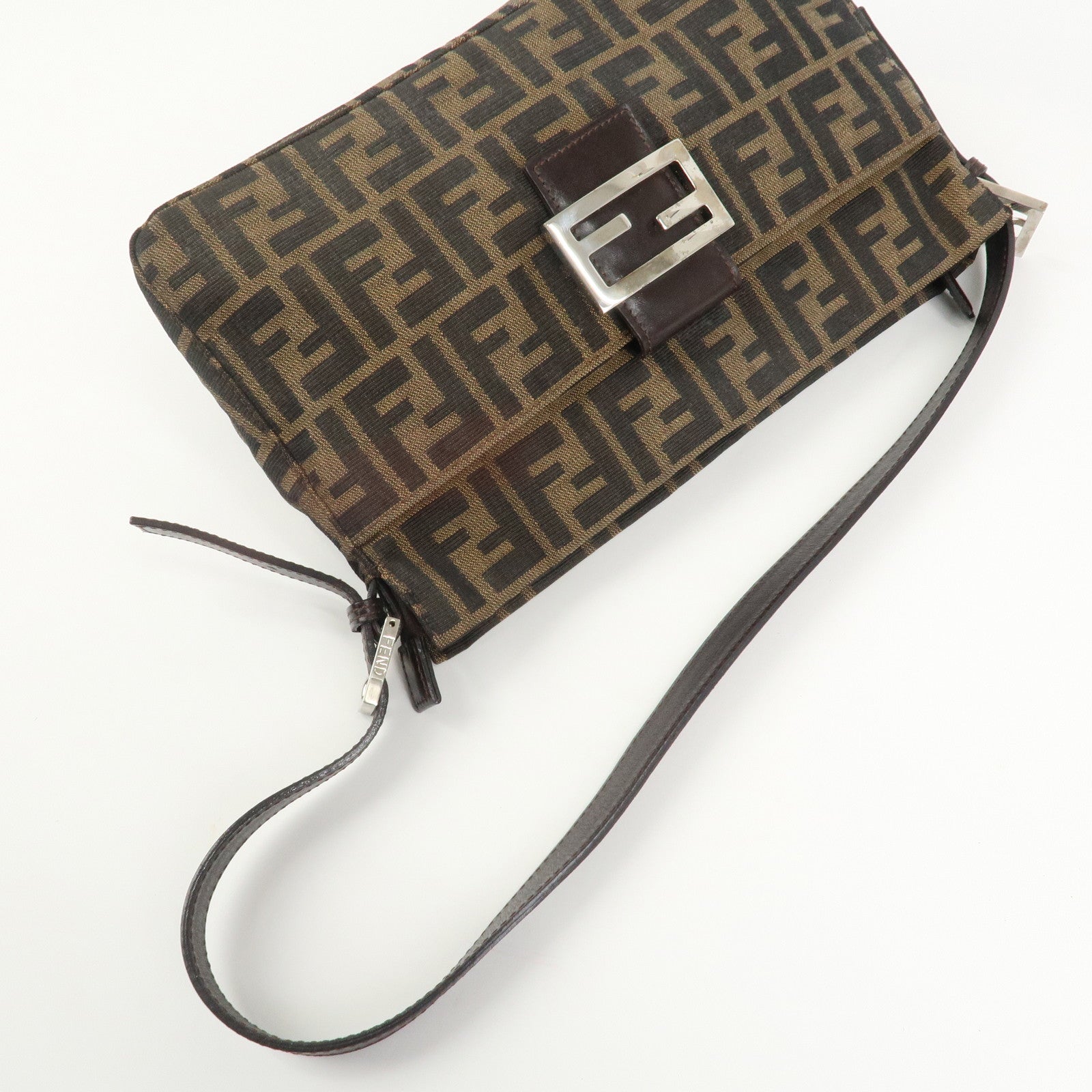 FENDI Zucca Canvas Leather Shoulder Bag Brown Black 26566