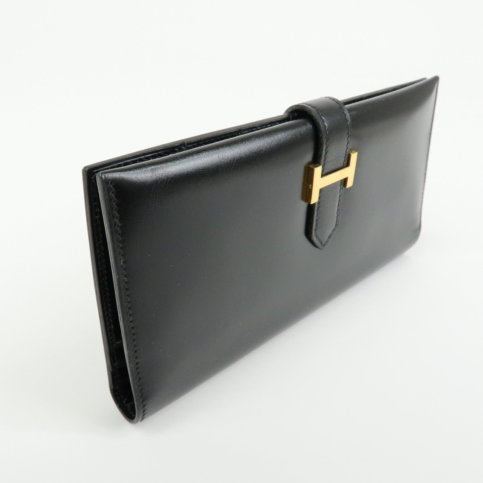 HERMES Bearn Box Calf Bi-fold Long Wallet 〇QStamped Black Gold