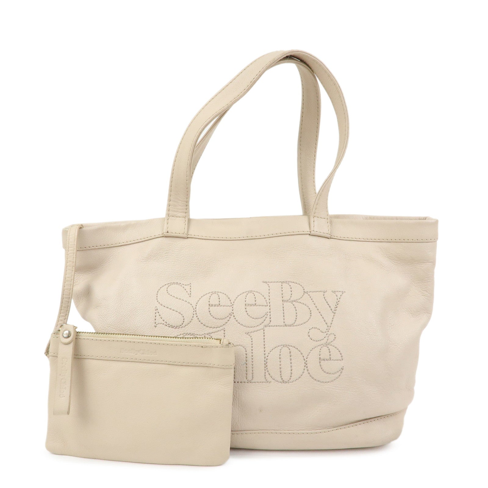 Chloe See by Chole Leather Tote Bag Hand Bag Pouch Beige