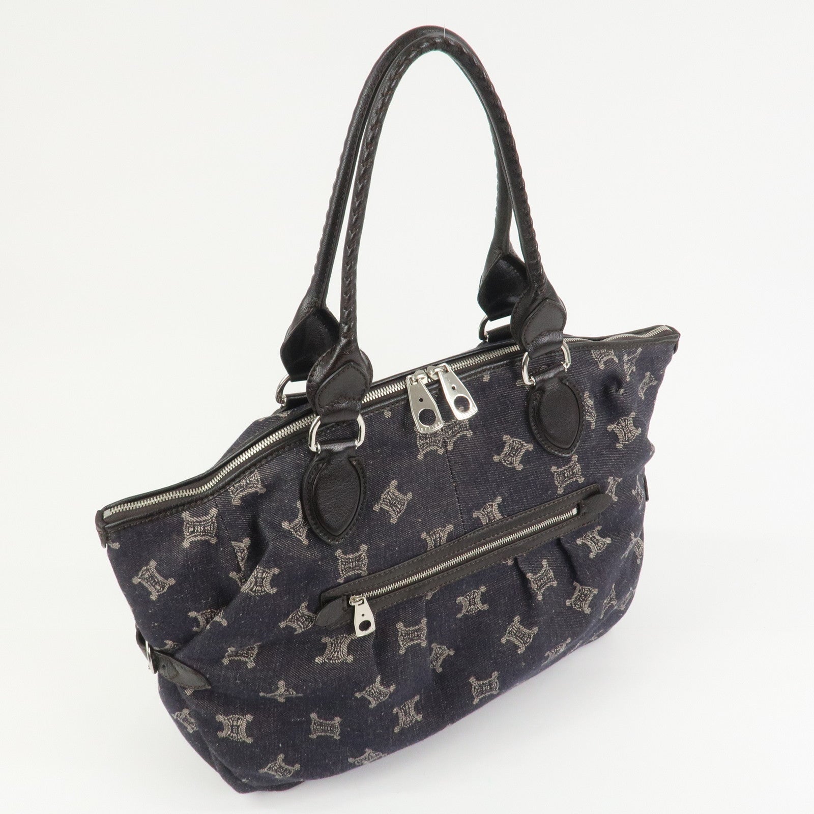 CELINE Macadam Denim Leather Tote Bag Hand Bag Navy Dark Brown