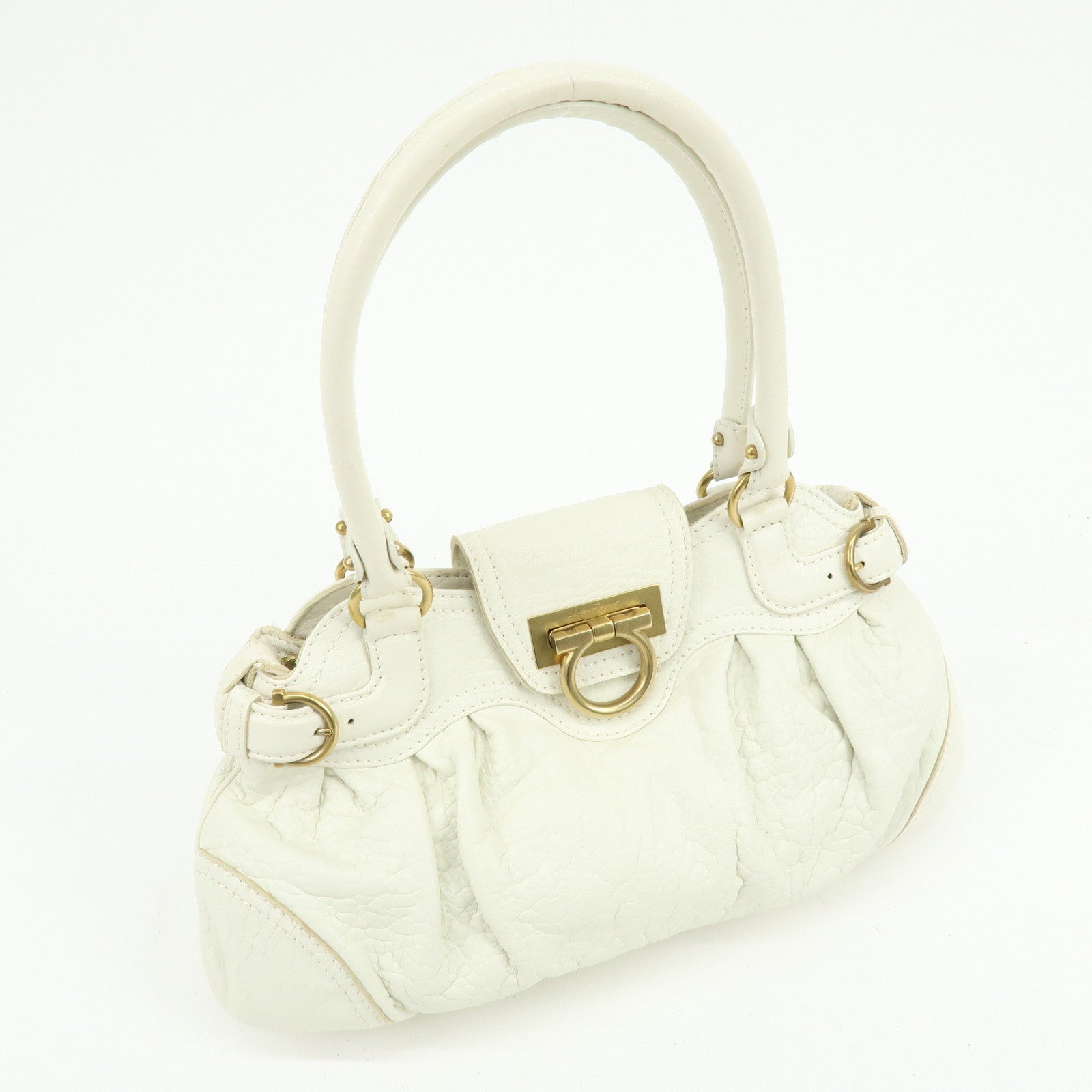 Ferragamo Gancini Leather Shoulder Bag Hand Bag White