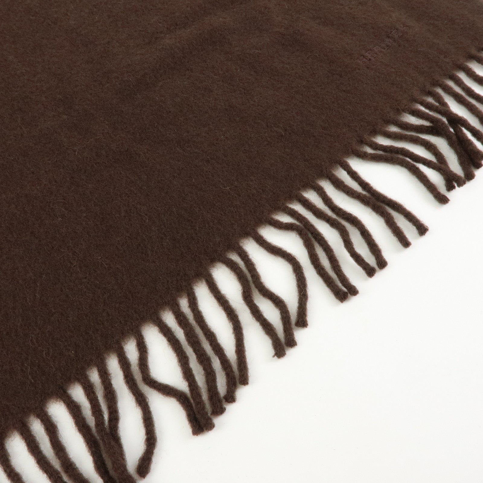 HERMES Logo Cashmere 100% Scarf Stole Fringe Dark Brown